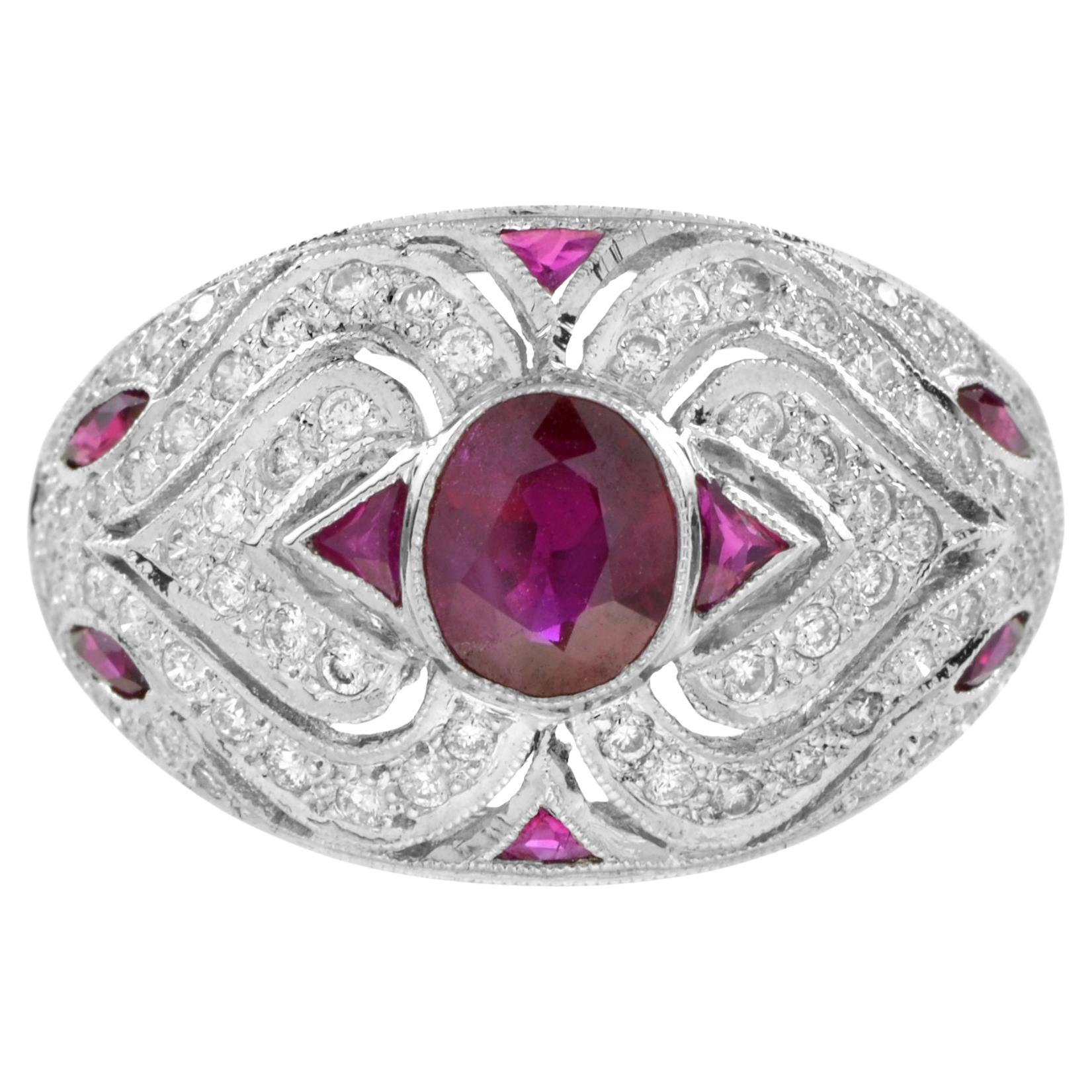 Art Deco Style Pink Red Ruby & Diamond 18K White Gold Dome Bombe Ring