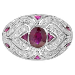 Art Deco Style Pink Red Ruby & Diamond 18K White Gold Dome Bombe Ring