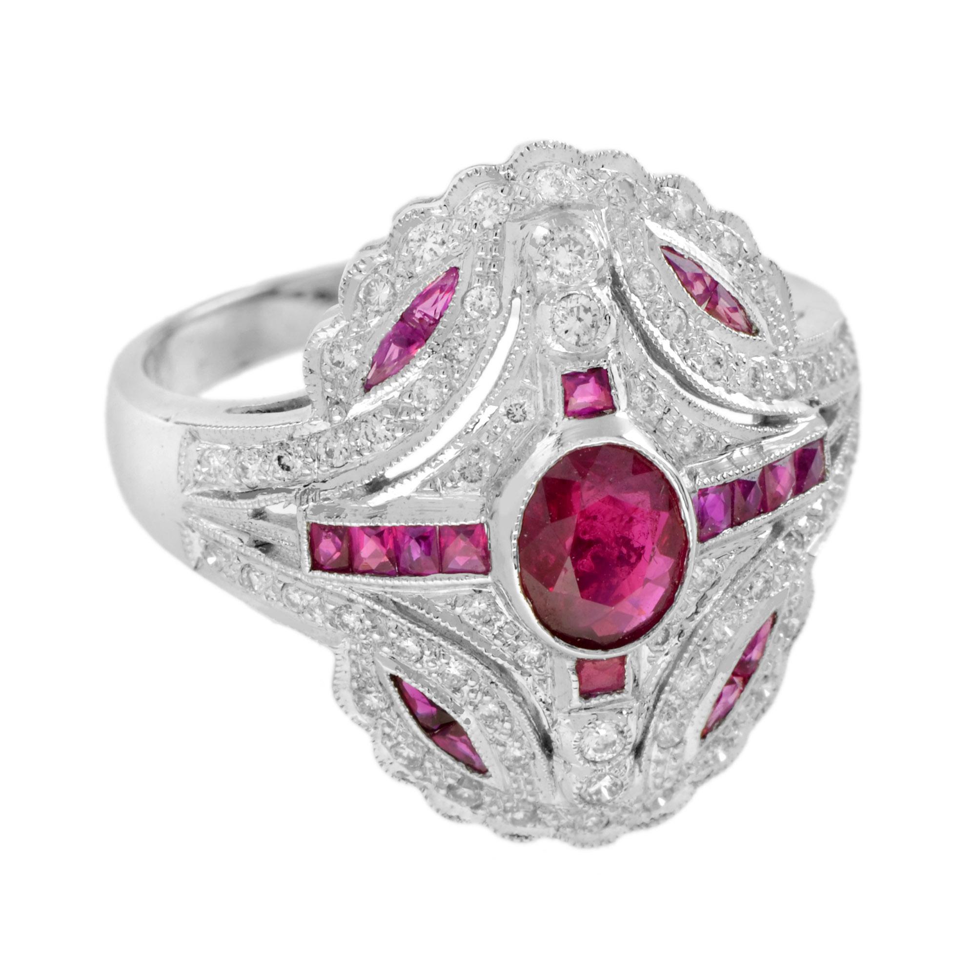 18k white gold ring centering 0.76 carat oval ruby framed by a halo of diamonds, with French cut rubies punctuate on west and east side. The setting is made of solid 18k white gold and every surface has been intricately engraved and carved into a