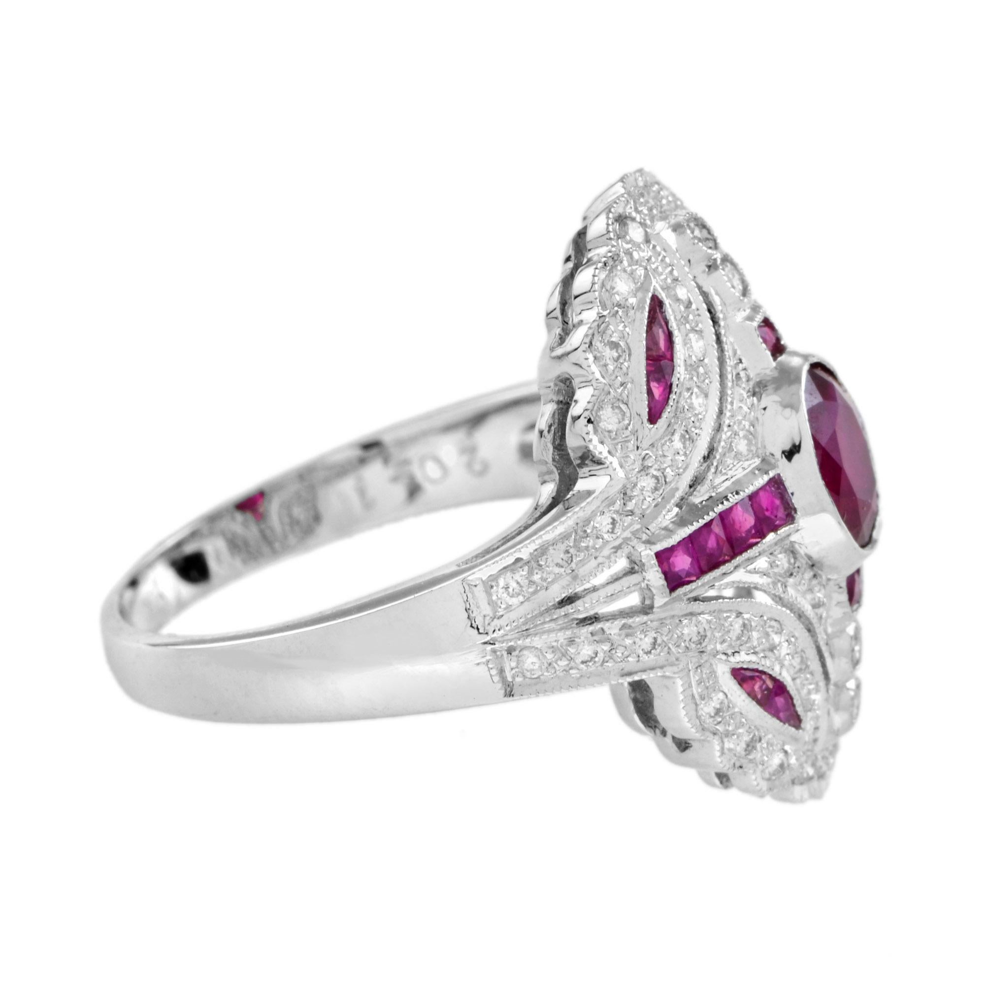 Art déco Art Deco Style Pink Red Ruby & Diamond 18K White Gold Shield Ring en vente