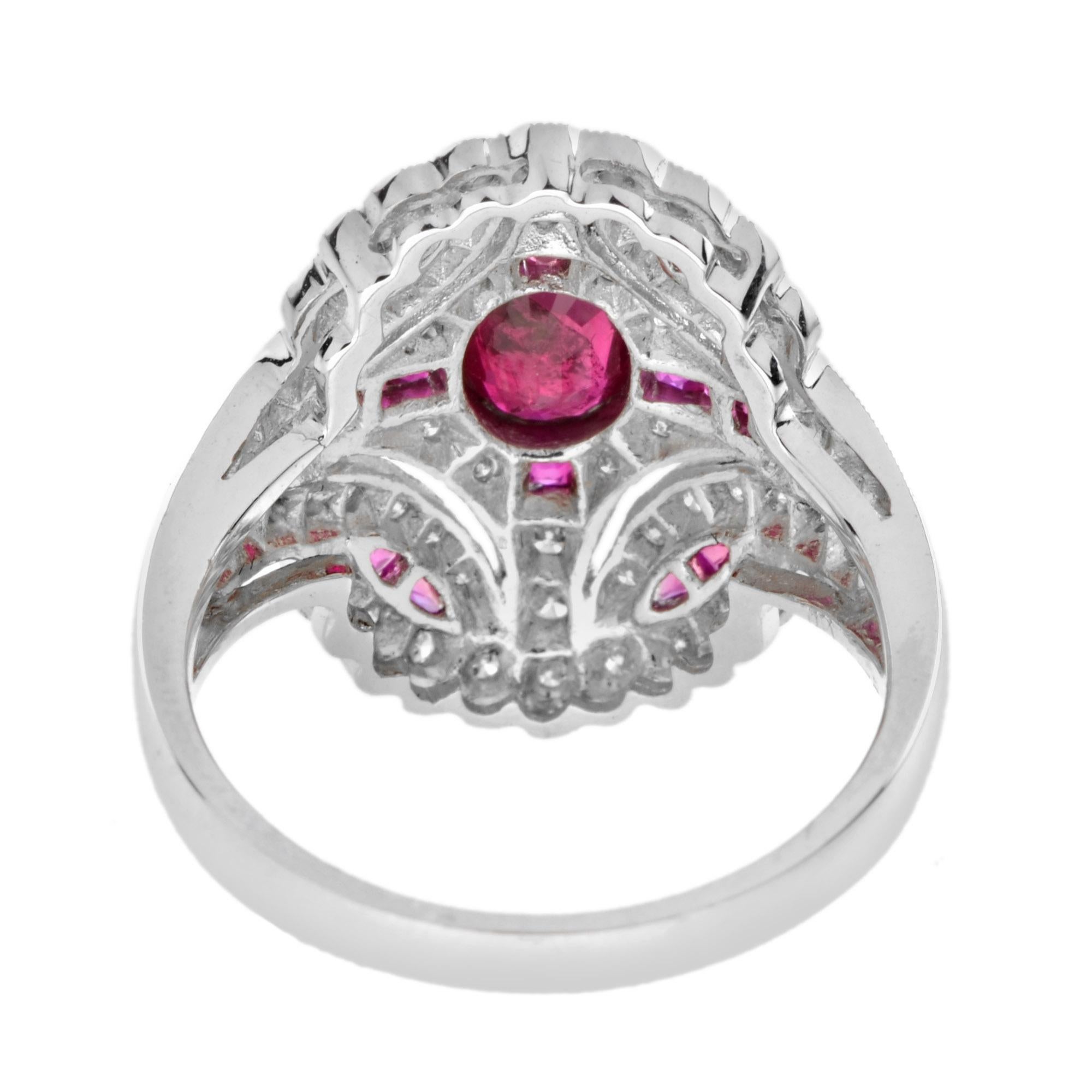Taille ovale Art Deco Style Pink Red Ruby & Diamond 18K White Gold Shield Ring en vente