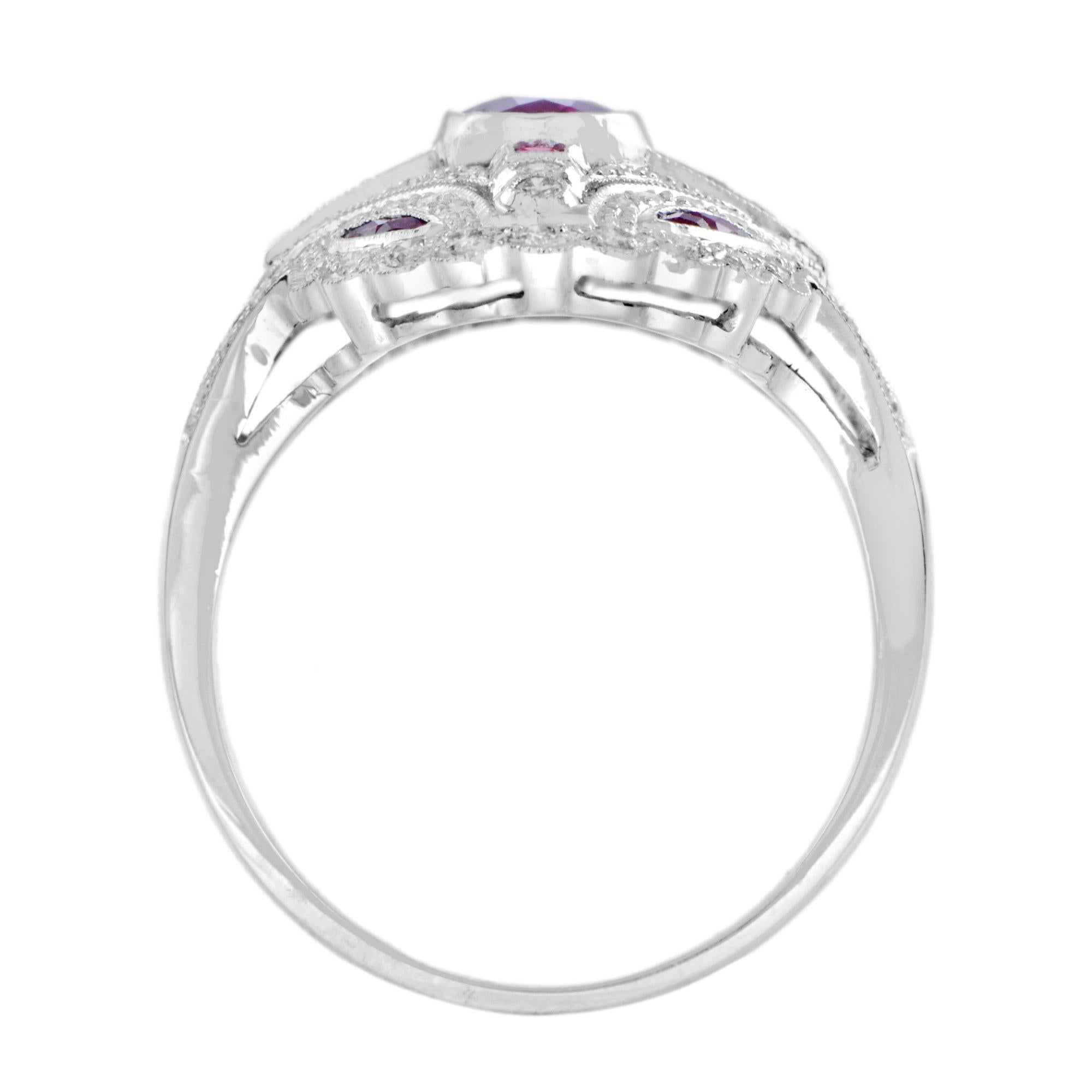 Art Deco Style Pink Red Ruby & Diamond 18K White Gold Shield Ring Neuf - En vente à Oakton, VA