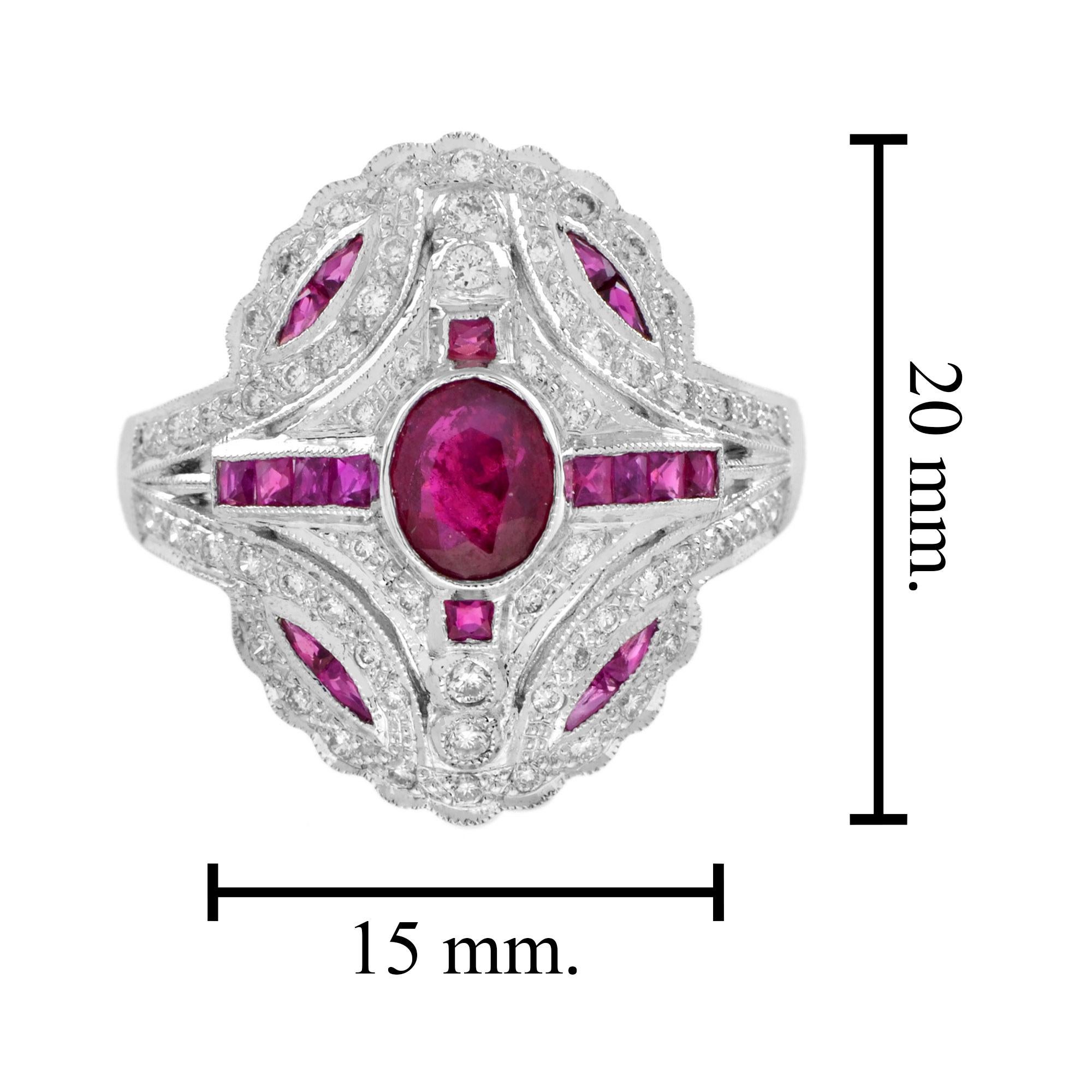 Art Deco Style Pink Red Ruby & Diamond 18K White Gold Shield Ring Pour femmes en vente