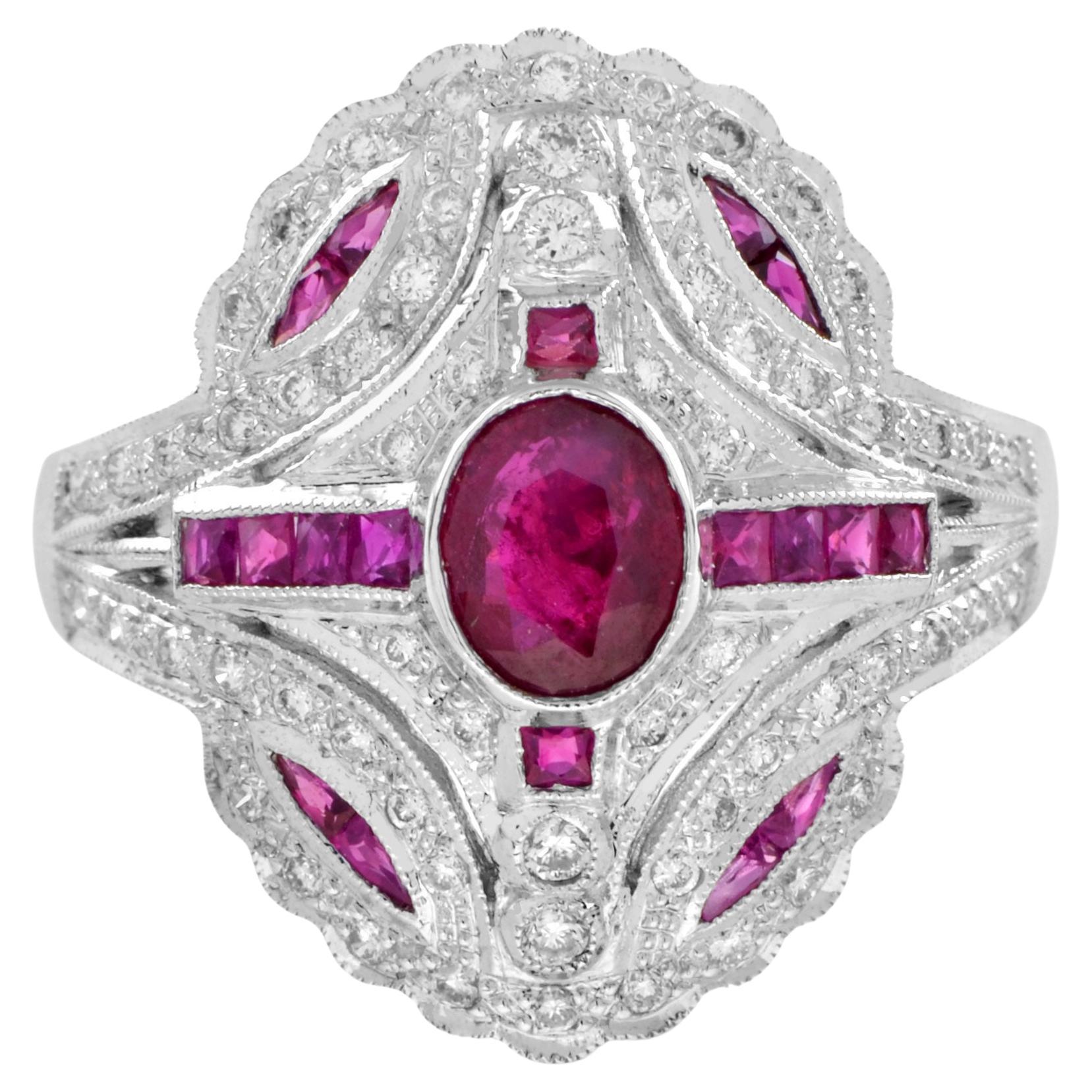 Art Deco Style Pink Red Ruby & Diamond 18K White Gold Shield Ring