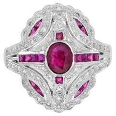 Art Deco Style Pink Red Ruby & Diamond 18K White Gold Shield Ring