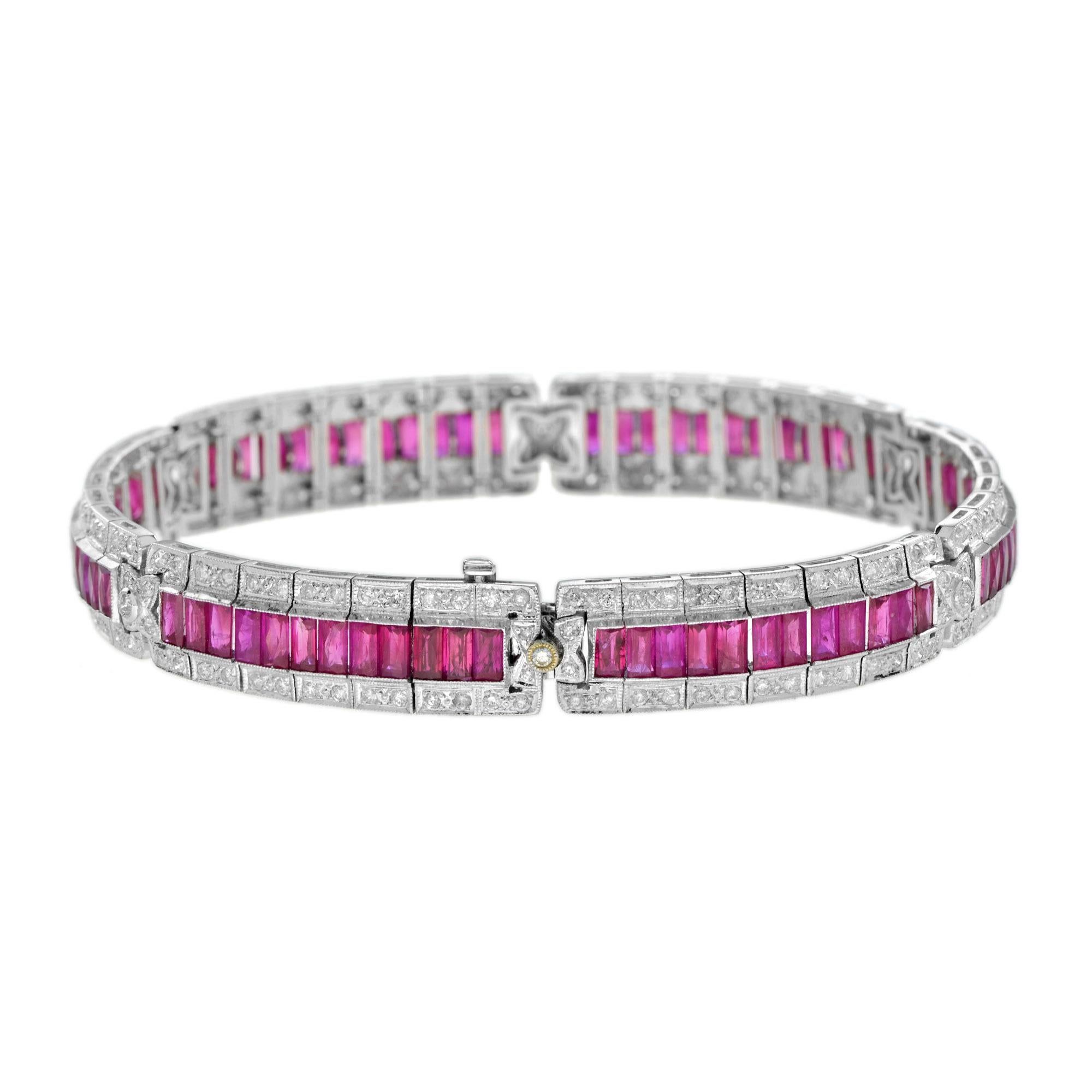 This stunning Art Deco Style ruby and diamond18k white gold link bracelet features 198 round brilliant diamonds. 72 rectangular French cut rubies break up the two sections of diamonds, adding a beautiful design and pop of bright color! A truly
