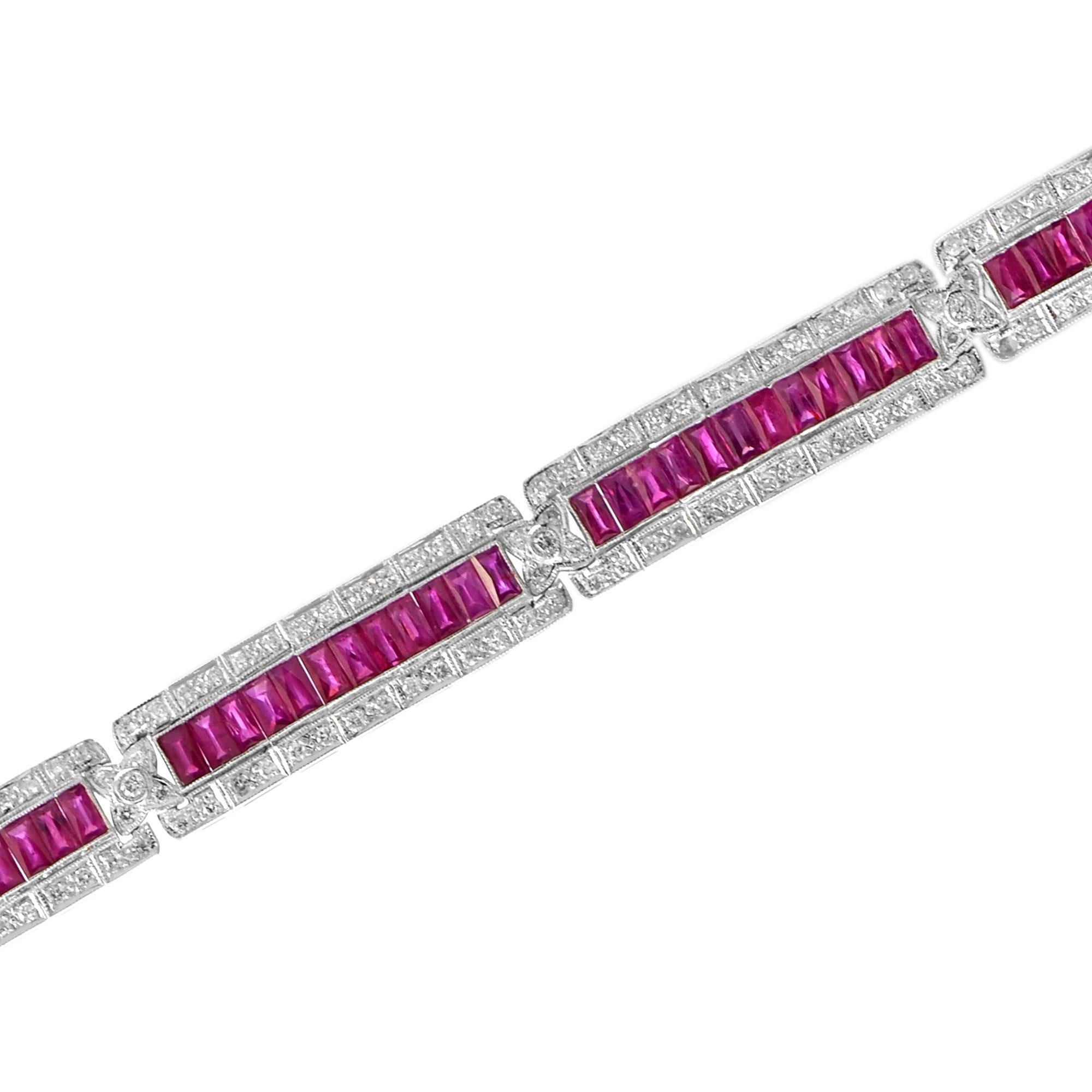 Art Déco Art Deco Style Pink Red Ruby & Diamond Baguette Tennis 18K White Gold Bracelet in vendita