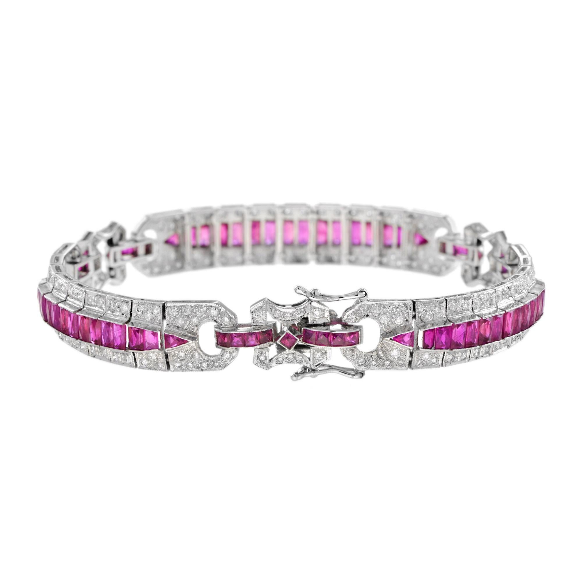 Art Déco Art Deco Style Pink Red Ruby & Diamond Baguette Tennis 18K White Gold Bracelet in vendita