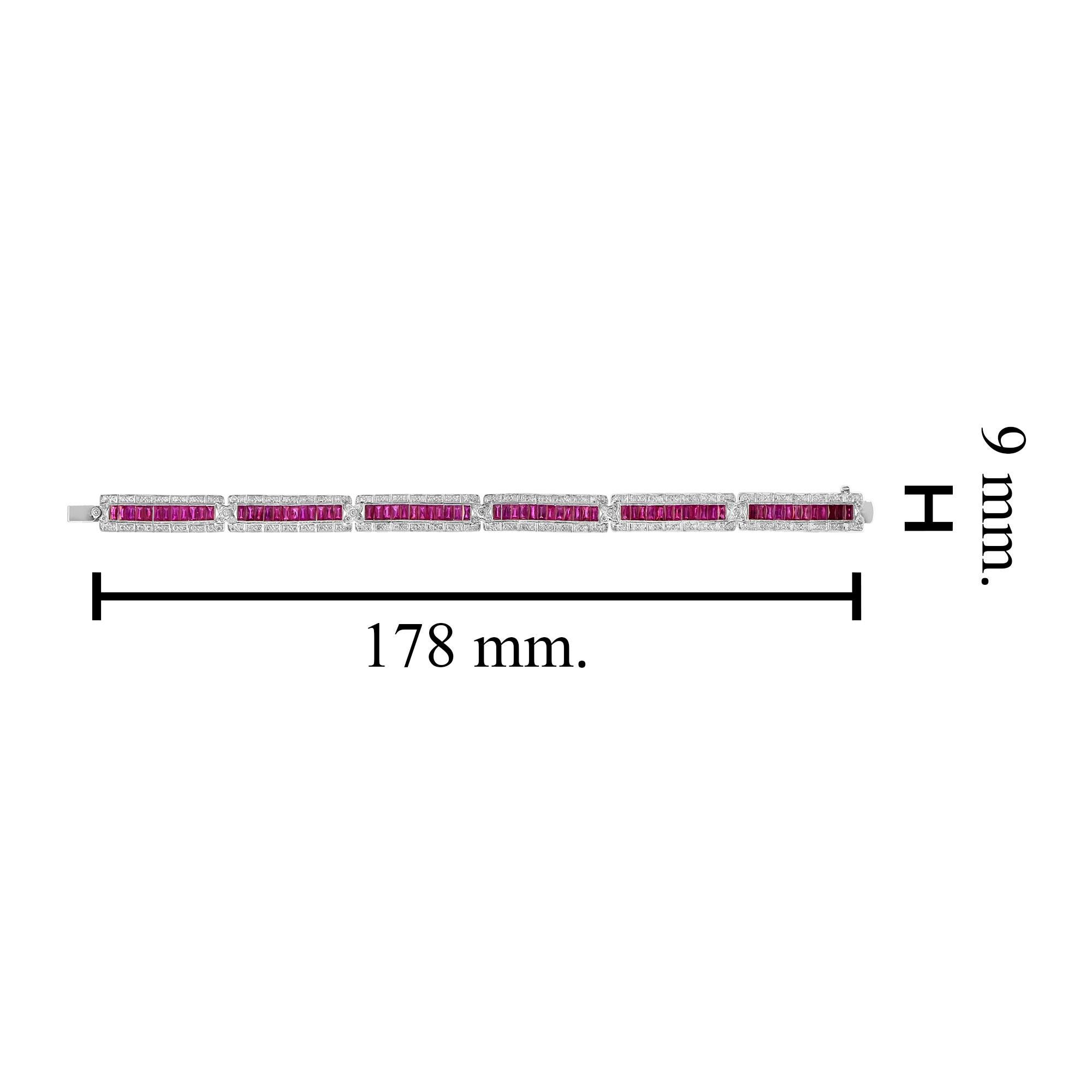 Taglio francese Art Deco Style Pink Red Ruby & Diamond Baguette Tennis 18K White Gold Bracelet in vendita