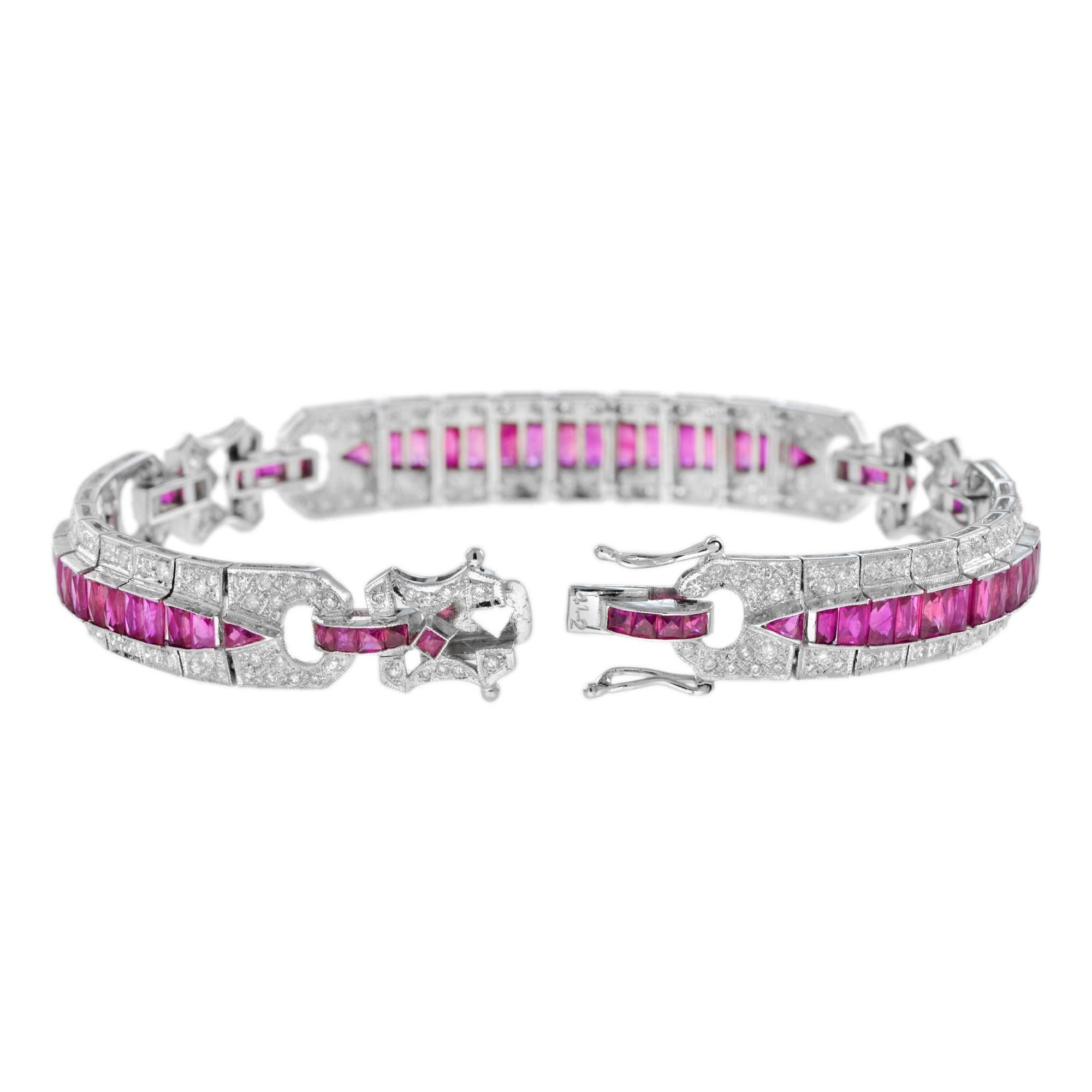 Taglio francese Art Deco Style Pink Red Ruby & Diamond Baguette Tennis 18K White Gold Bracelet in vendita
