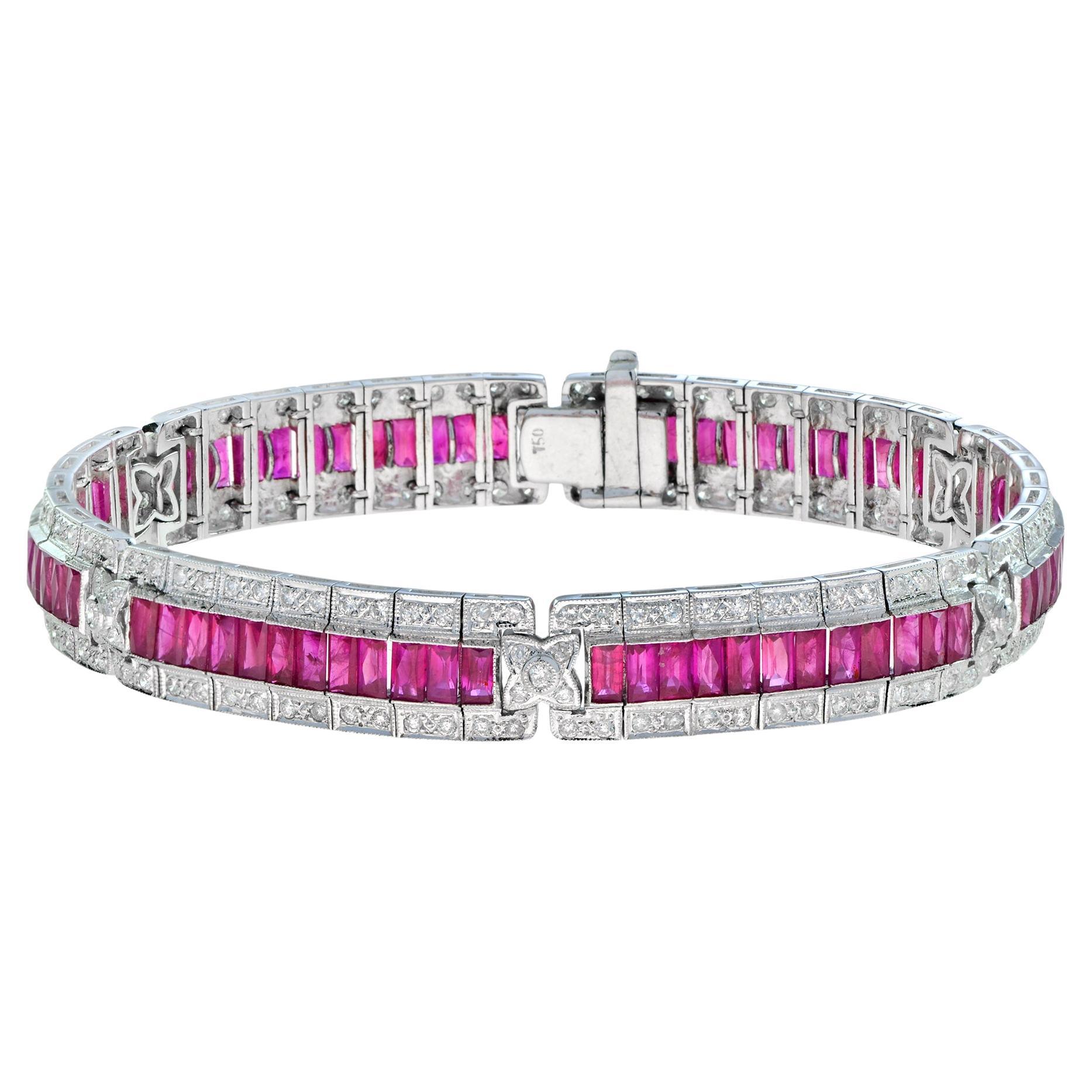 Art Deco Style Pink Red Ruby & Diamond Baguette Tennis 18K White Gold Bracelet
