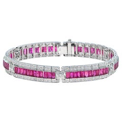 Art Deco Style Pink Red Ruby & Diamond Baguette Tennis 18K White Gold Bracelet