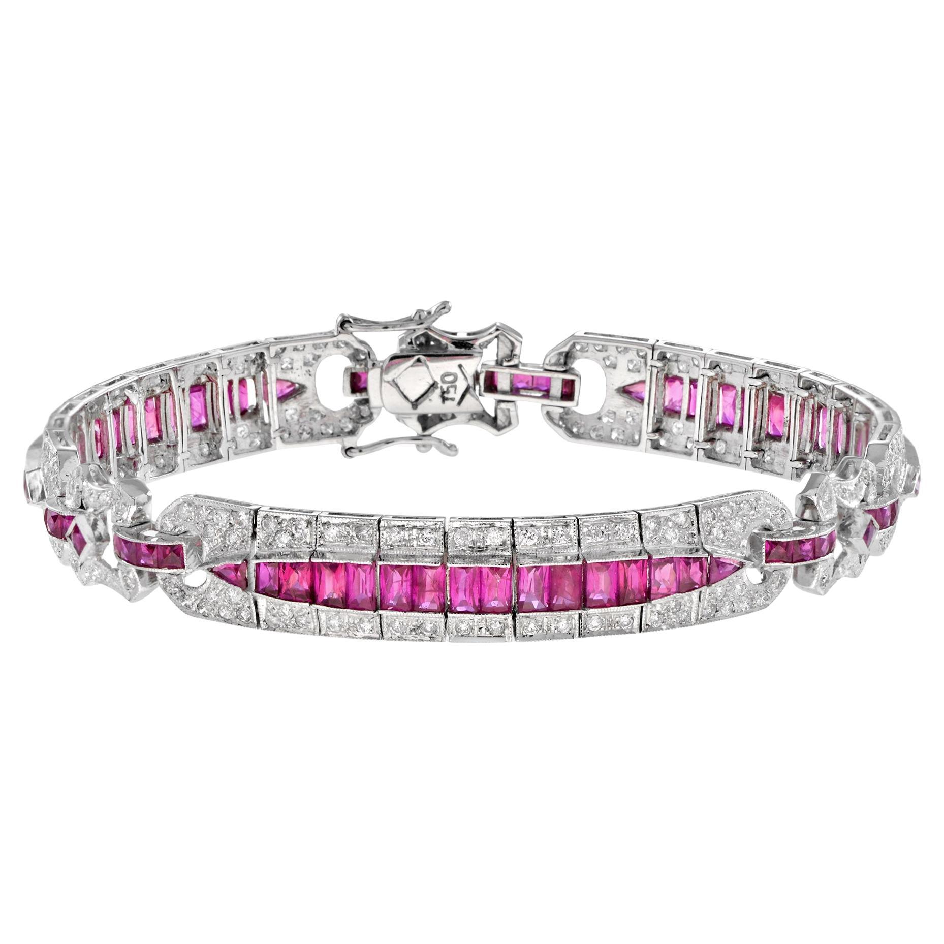 Art Deco Style Pink Red Ruby & Diamond Baguette Tennis 18K White Gold Bracelet