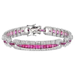 Art Deco Style Pink Red Ruby & Diamond Baguette Tennis 18K White Gold Bracelet