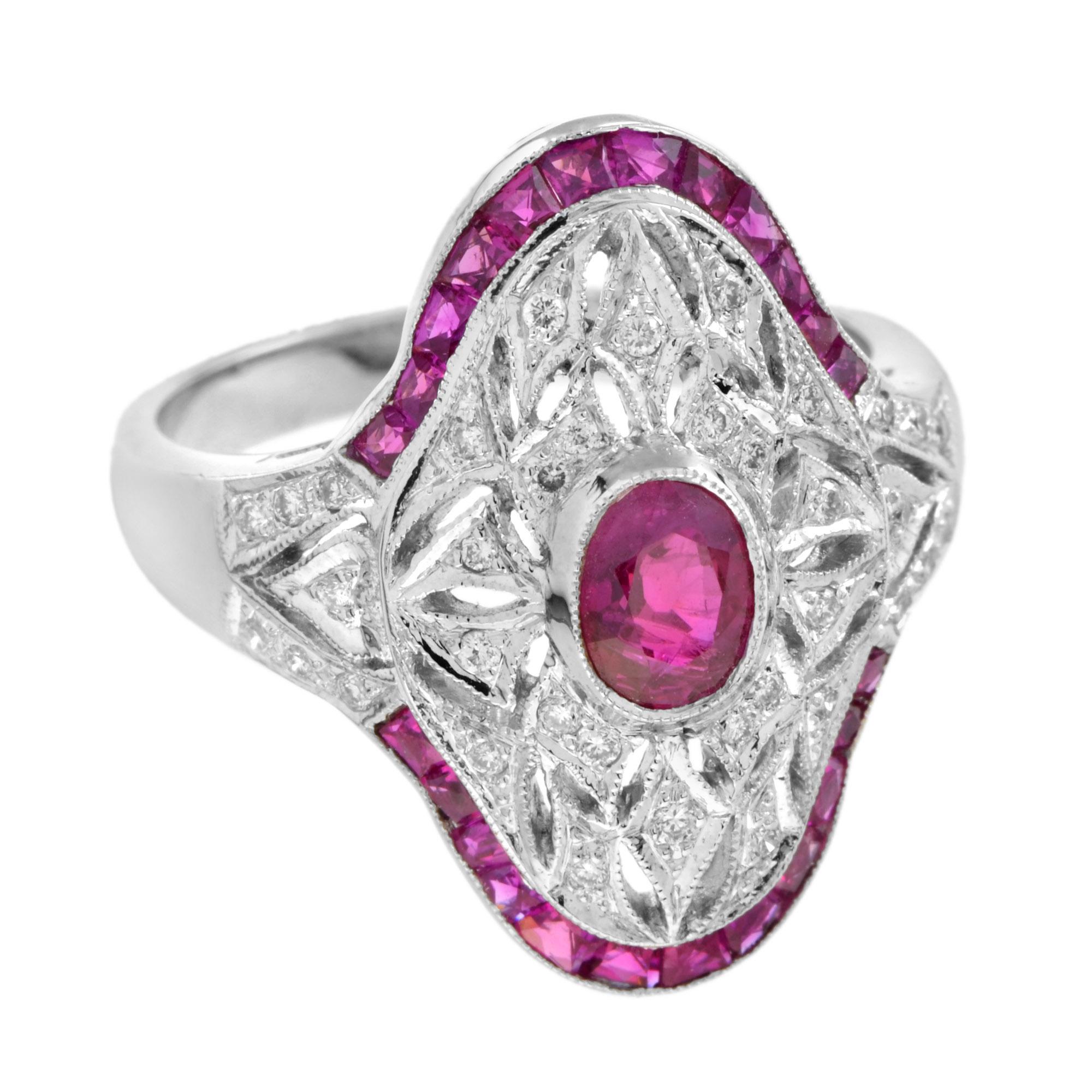 Art Deco style ring ruby and diamonds inlaid in form of bringing a sparkling look that accentuate the prismatic color of the oval ruby in center. A perfect alternative engagement ring or sparkling right hand ring. The setting is made of solid 18k