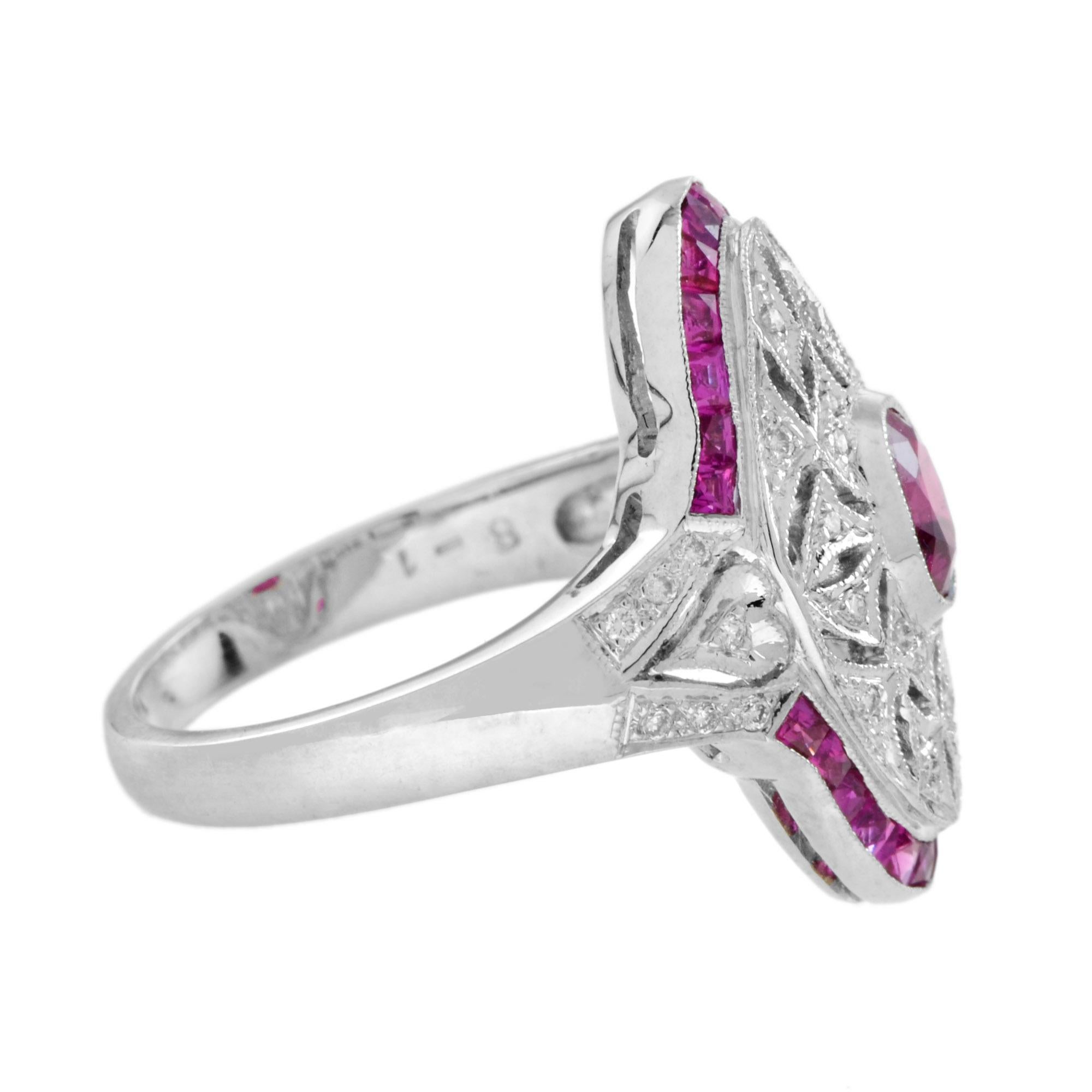 Art déco Art Deco Style Pink Red Ruby & Diamond Cocktail 18K White Gold Statement Ring en vente