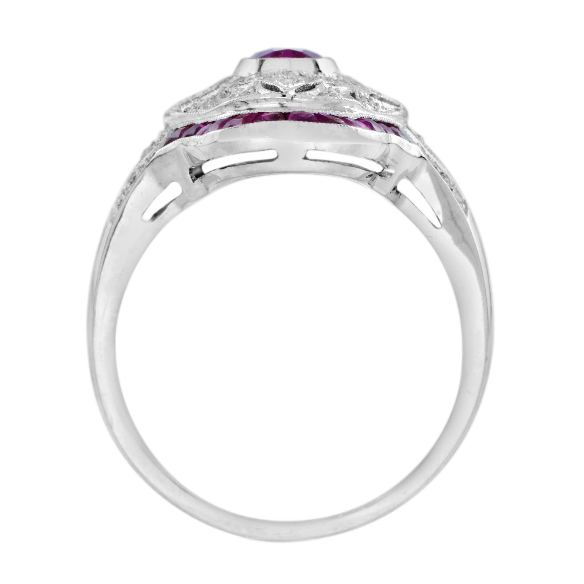 Taille ovale Art Deco Style Pink Red Ruby & Diamond Cocktail 18K White Gold Statement Ring en vente
