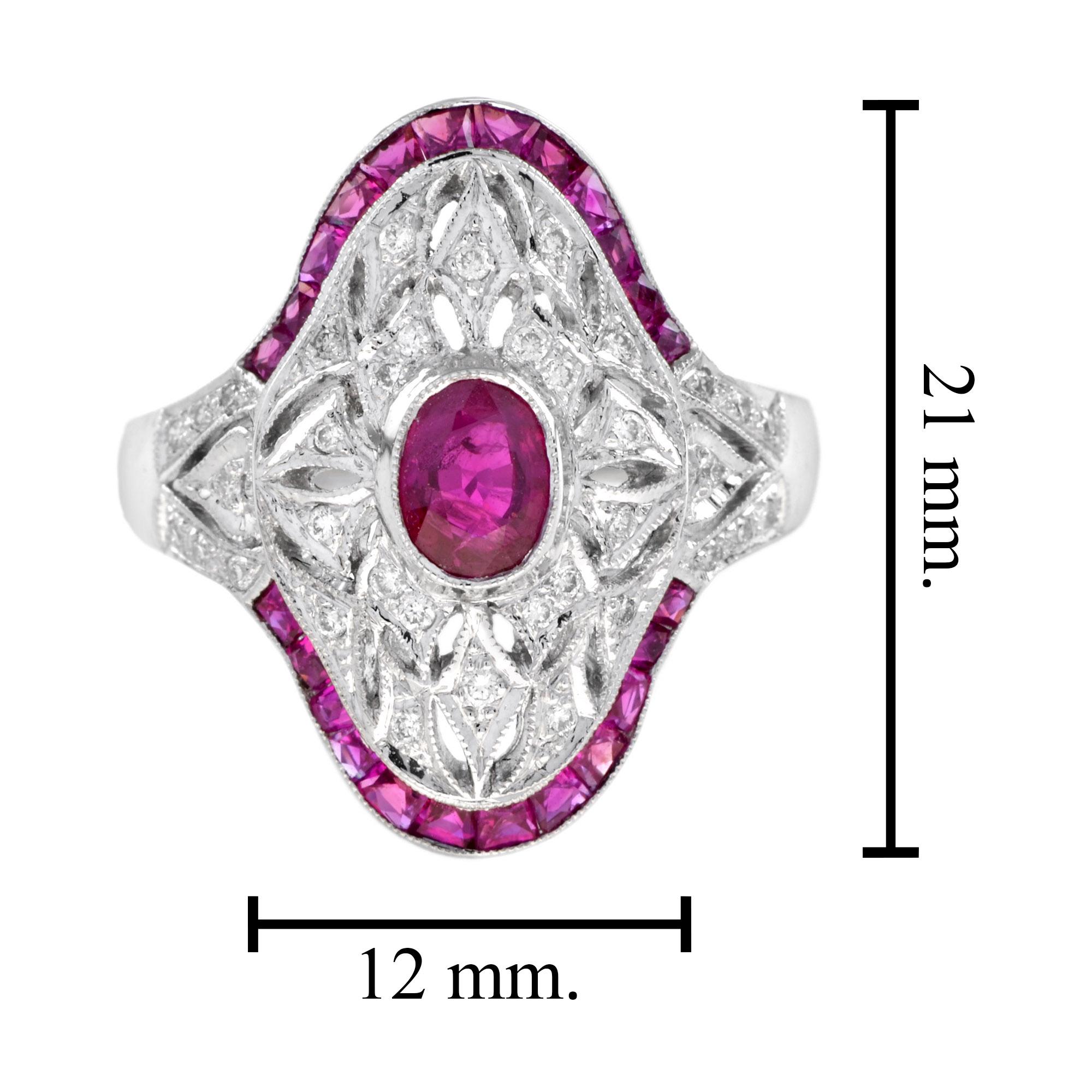 Art Deco Style Pink Red Ruby & Diamond Cocktail 18K White Gold Statement Ring en vente 1