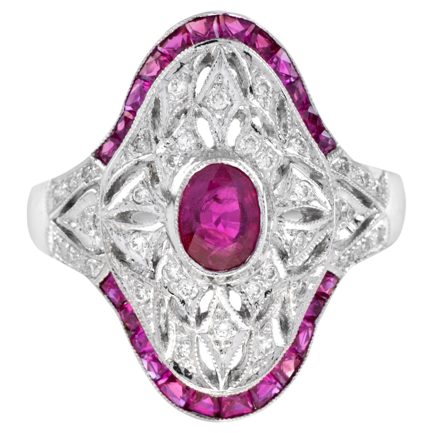 Art Deco Style Pink Red Ruby & Diamond Cocktail 18K White Gold Statement Ring en vente