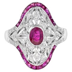 Art Deco Style Pink Red Ruby & Diamond Cocktail 18K White Gold Statement Ring