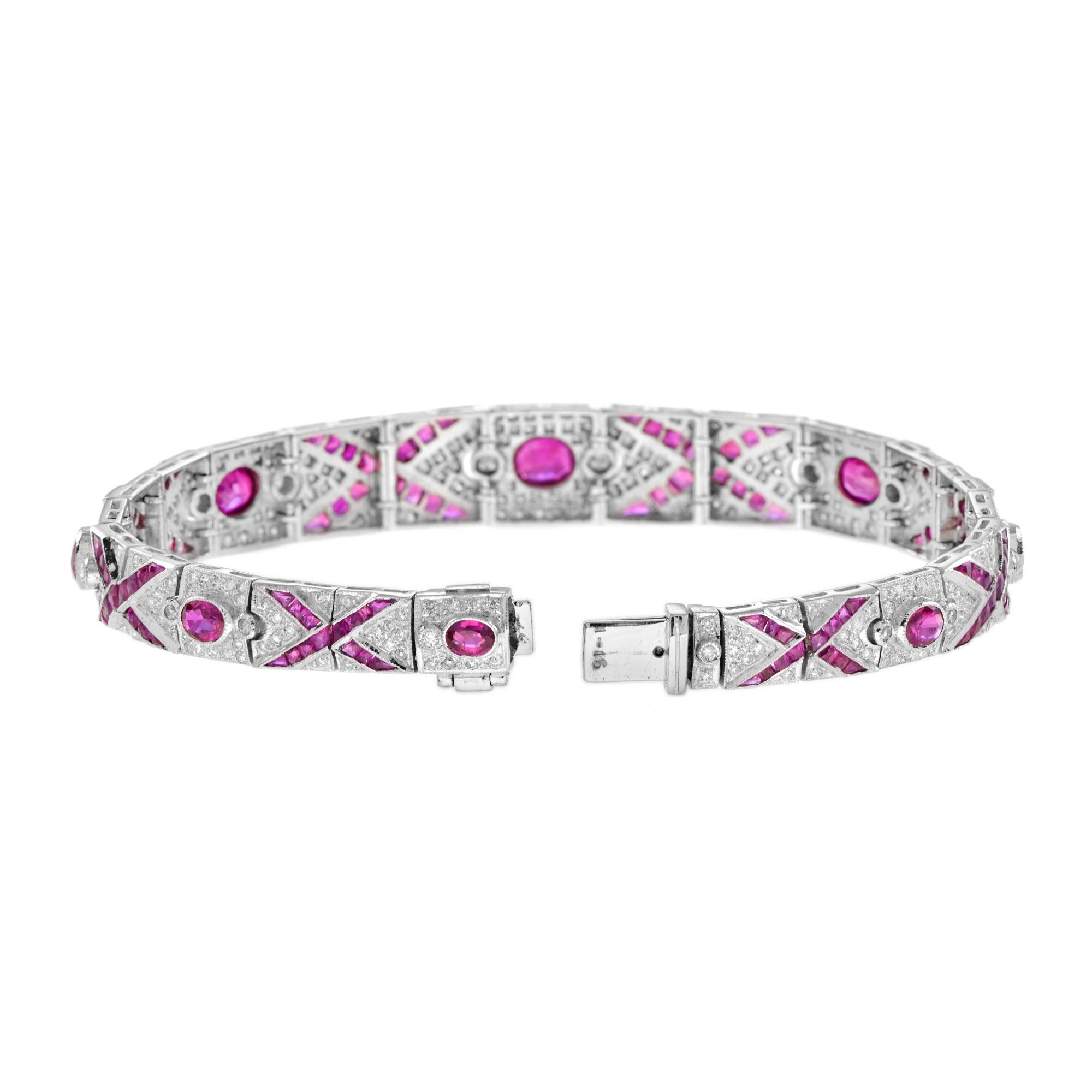 Art Déco Art Deco Style Pink Red Ruby & Diamond Pattern Tennis 18K White Gold Bracelet in vendita