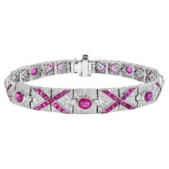 Art Deco Style Pink Red Ruby & Diamond Pattern Tennis 18K White Gold Bracelet