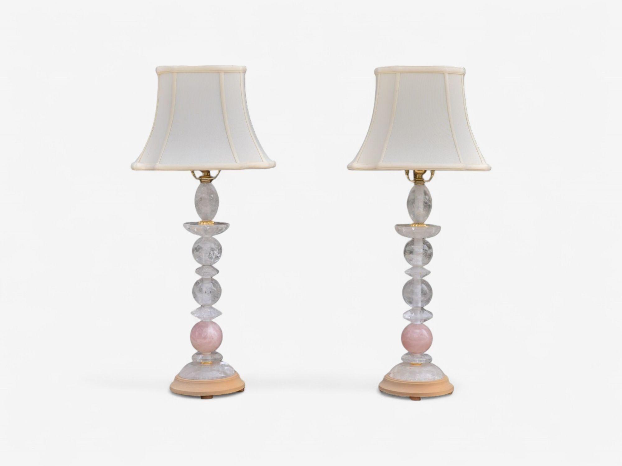 French Art Deco Style, Pink Rock Crystal, Brass, Table Lamps, France, 1960s For Sale