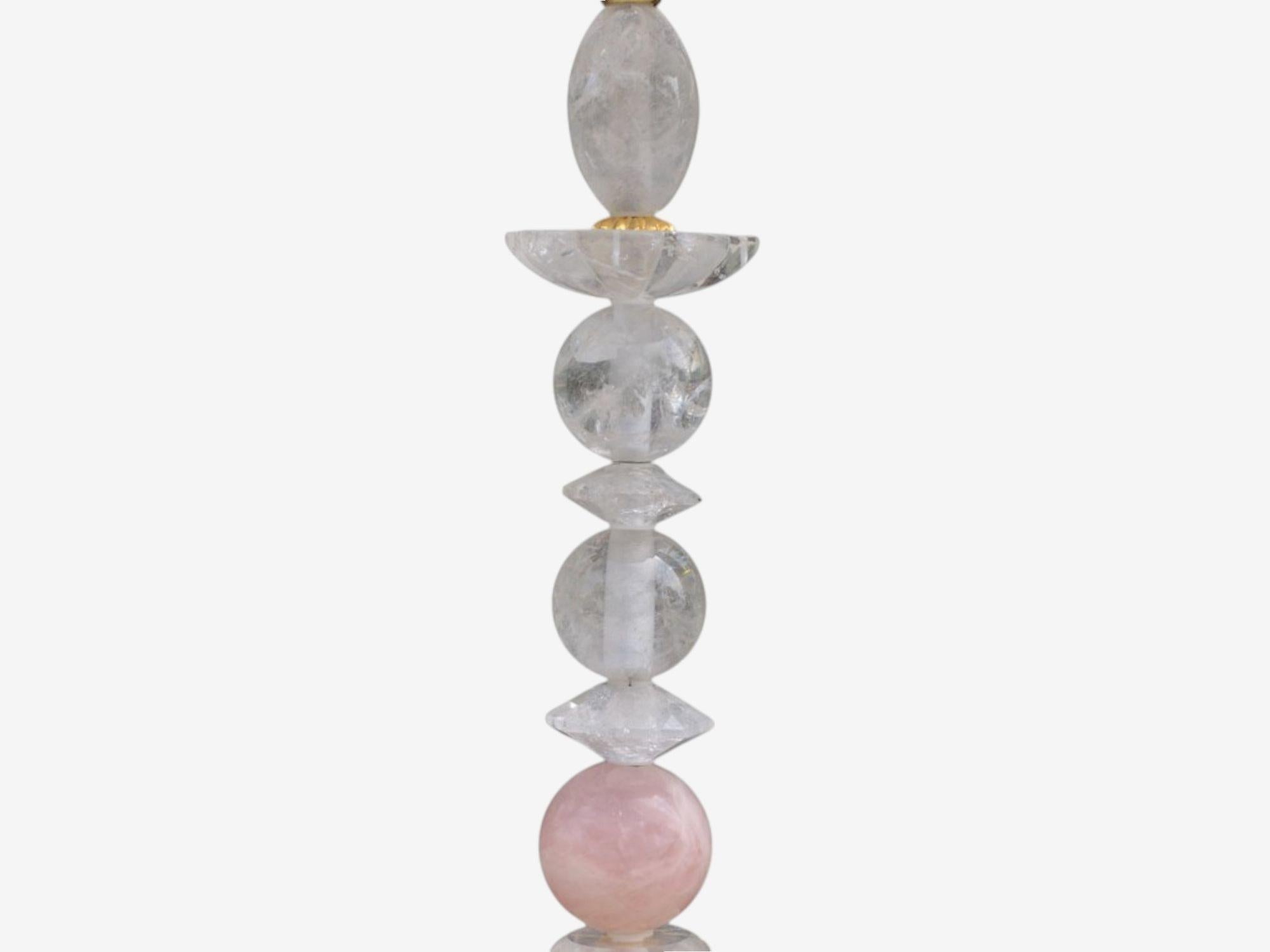 Mid-20th Century Art Deco Style, Pink Rock Crystal, Brass, Table Lamps, France, 1960s For Sale