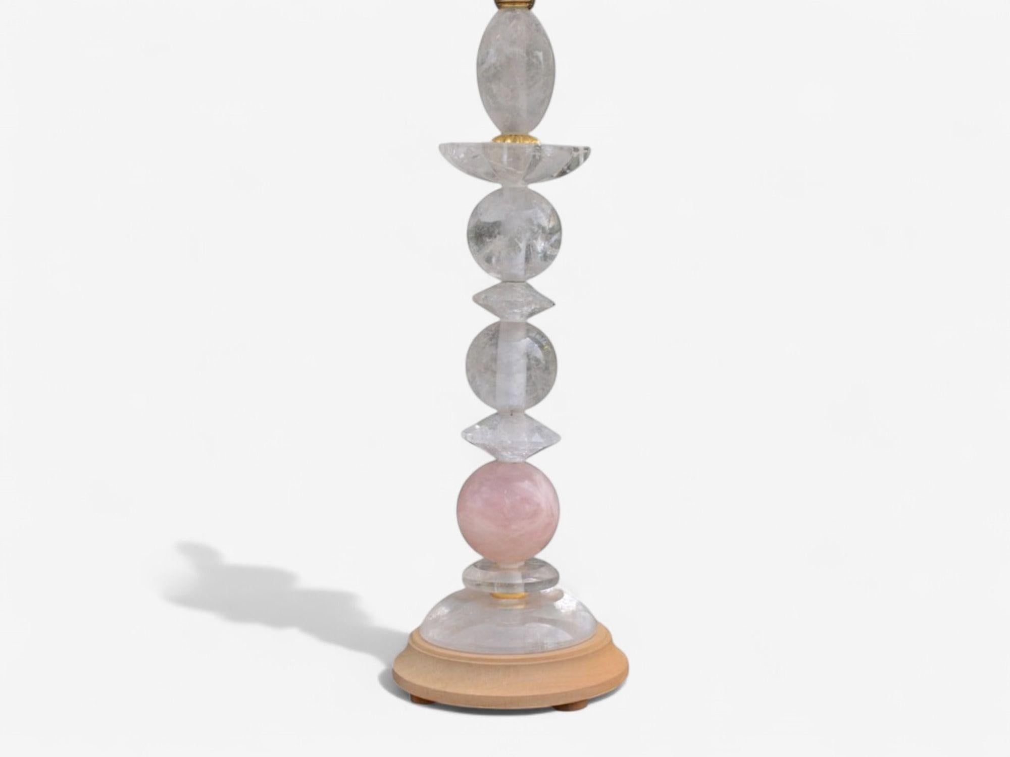 Art Deco Style, Pink Rock Crystal, Brass, Table Lamps, France, 1960s For Sale 1