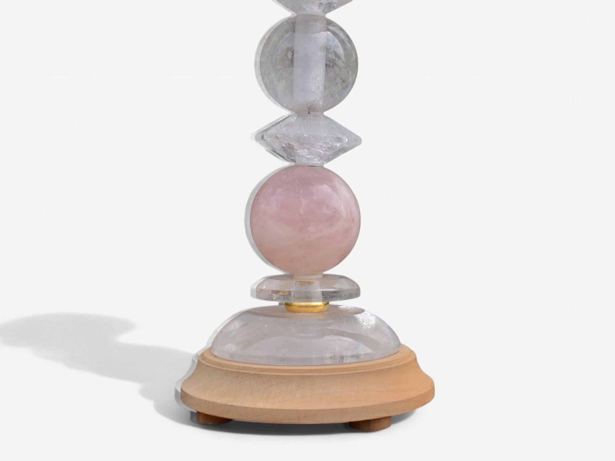 Art Deco Style, Pink Rock Crystal, Brass, Table Lamps, France, 1960s For Sale 2