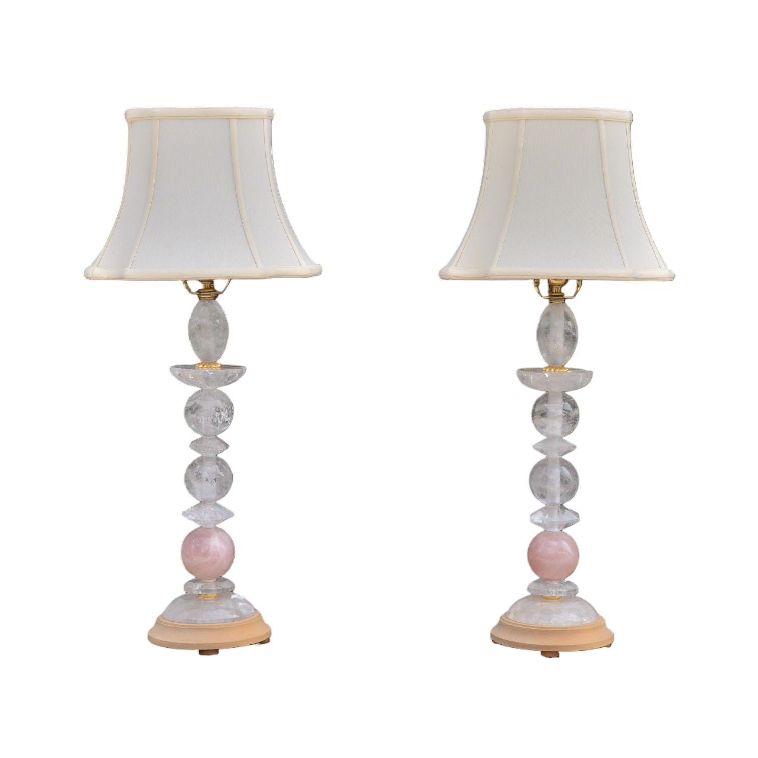 Art Deco Style, Pink Rock Crystal, Brass, Table Lamps, France, 1960s For Sale