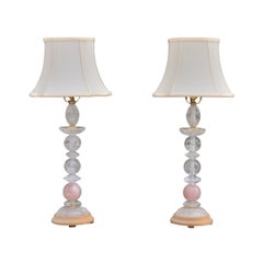 Art Deco Style, Pink Rock Crystal, Brass, Table Lamps, France, 1960s