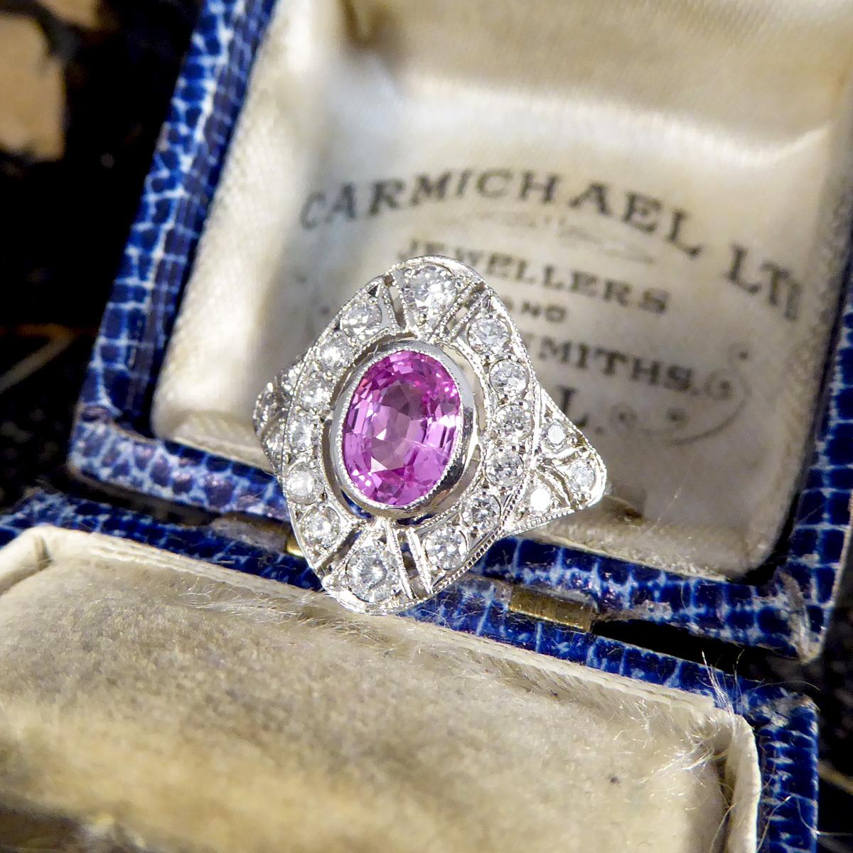 Art Deco Style Pink Sapphire and Diamond Navette Shaped Plaque Ring in Platinum For Sale 4