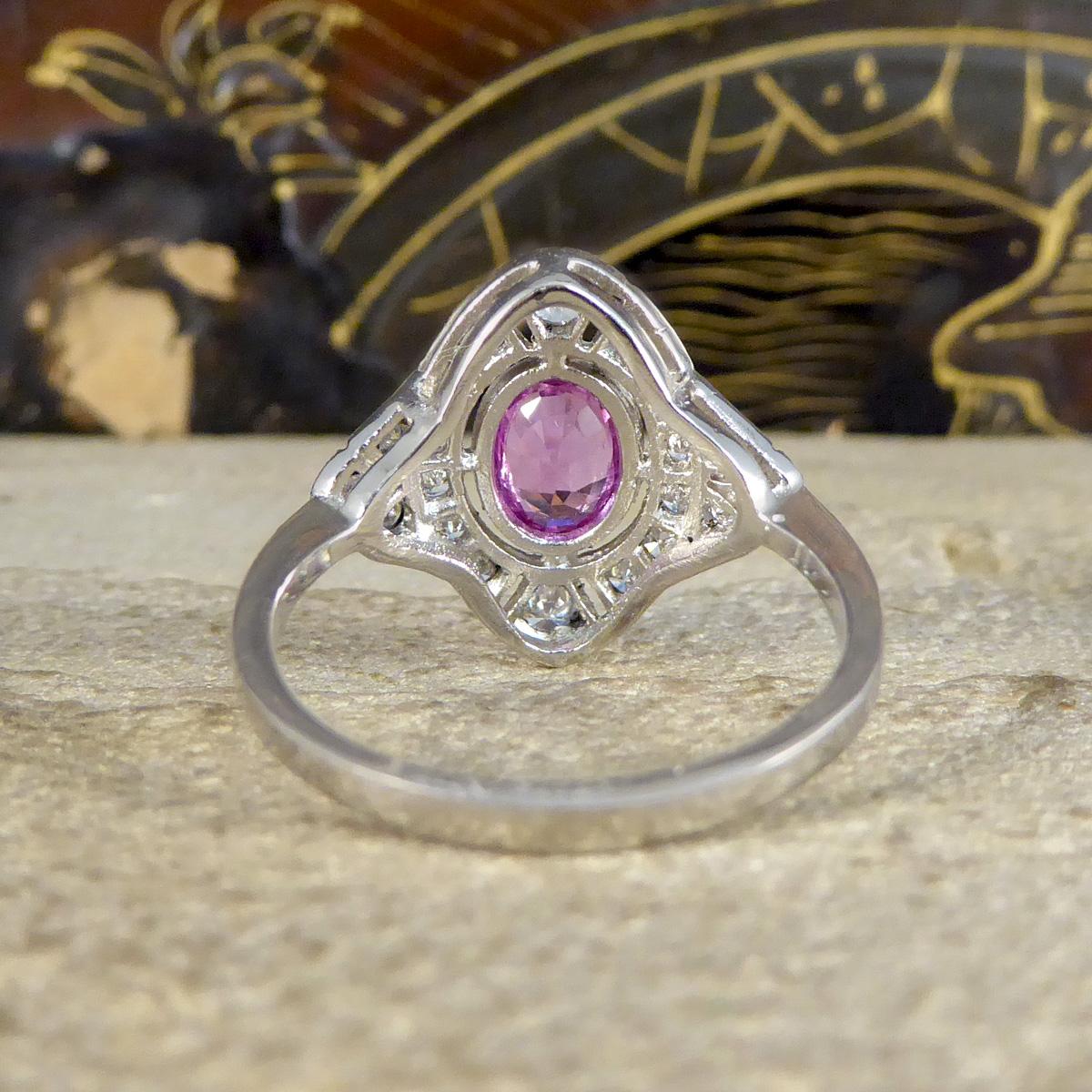 Oval Cut Art Deco Style Pink Sapphire and Diamond Navette Shaped Plaque Ring in Platinum For Sale