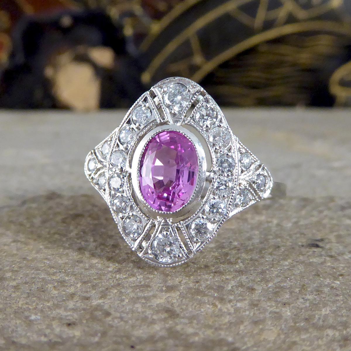 Art Deco Style Pink Sapphire and Diamond Navette Shaped Plaque Ring in Platinum In Excellent Condition For Sale In Yorkshire, West Yorkshire