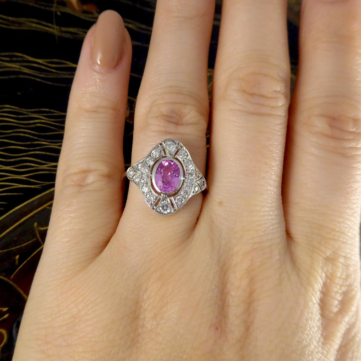 Women's or Men's Art Deco Style Pink Sapphire and Diamond Navette Shaped Plaque Ring in Platinum For Sale