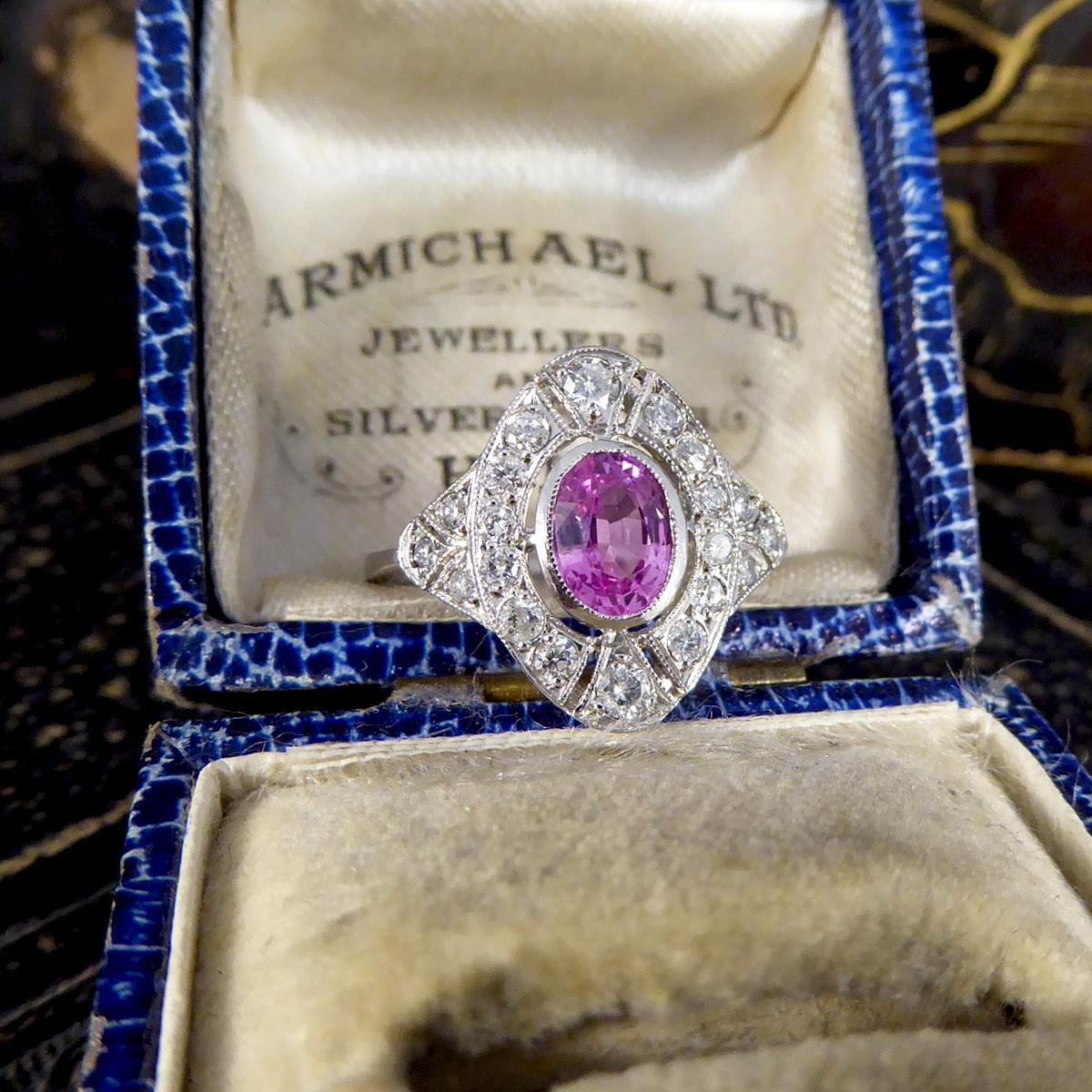 Art Deco Style Pink Sapphire and Diamond Navette Shaped Plaque Ring in Platinum For Sale 2