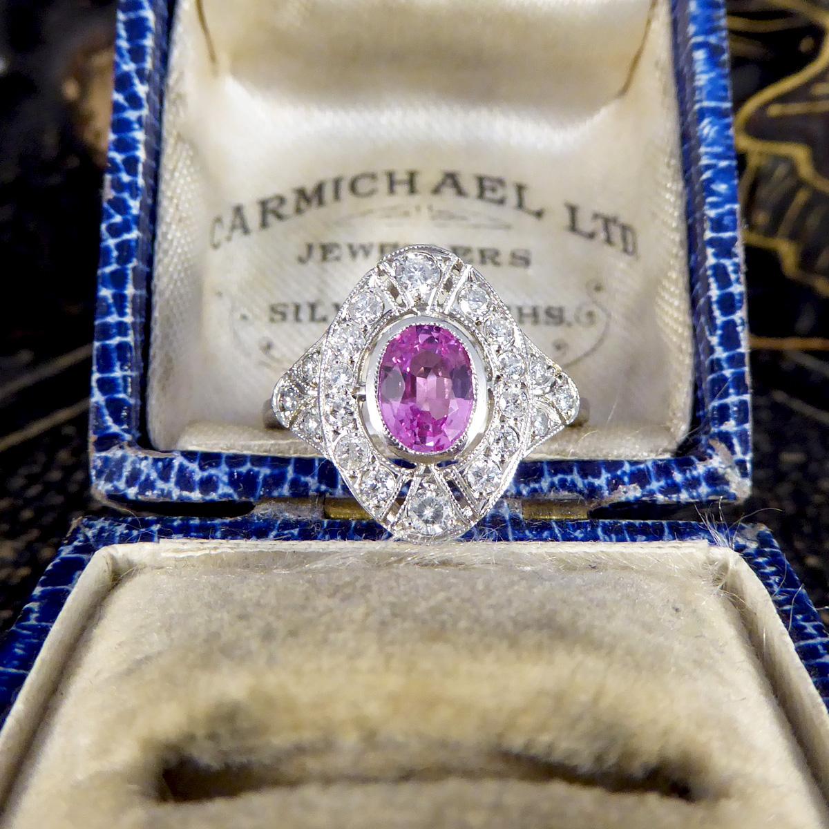 Art Deco Style Pink Sapphire and Diamond Navette Shaped Plaque Ring in Platinum For Sale 3