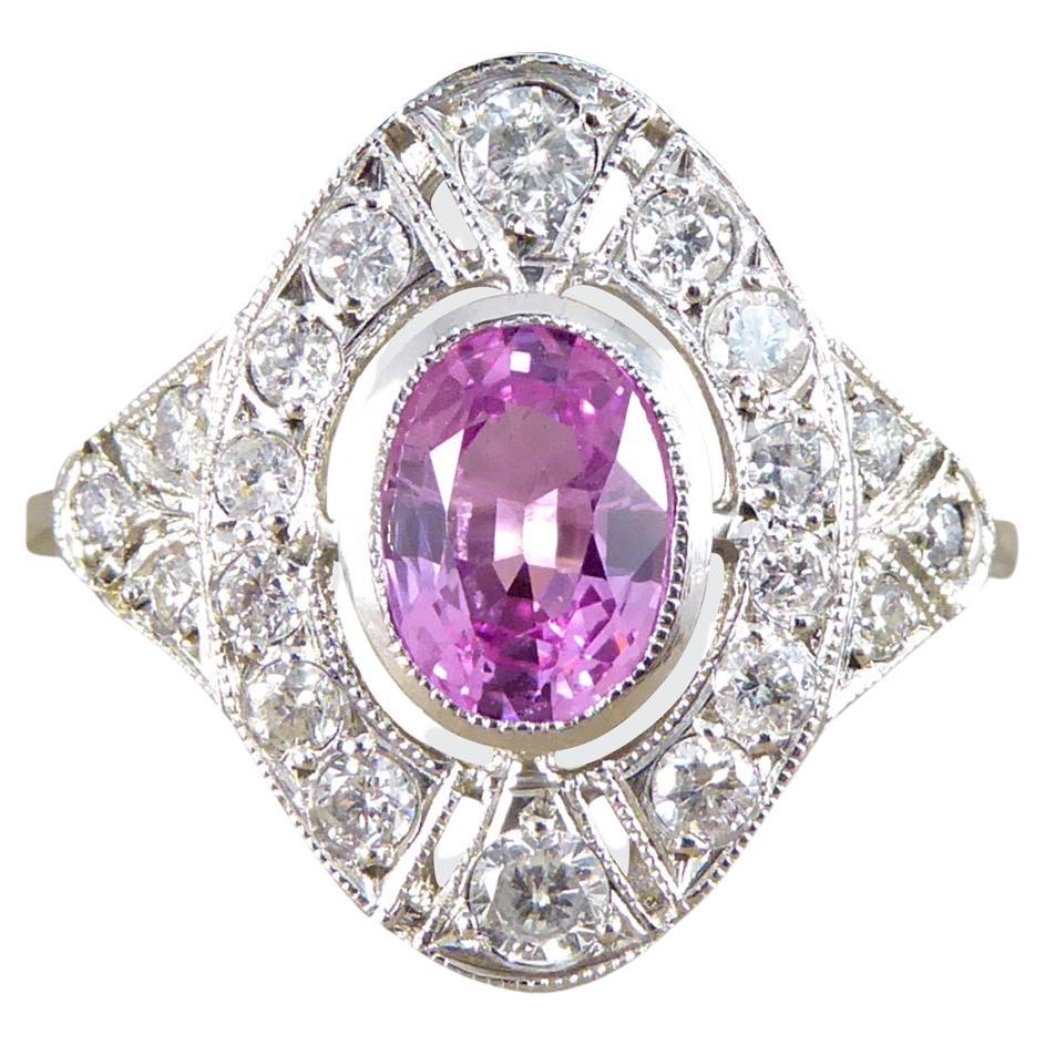 Art Deco Style Pink Sapphire and Diamond Navette Shaped Plaque Ring in Platinum For Sale