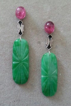 Art Deco Style Pink Tourmaline Gold Diamonds Enamel Carved Jades Dangle Earrings