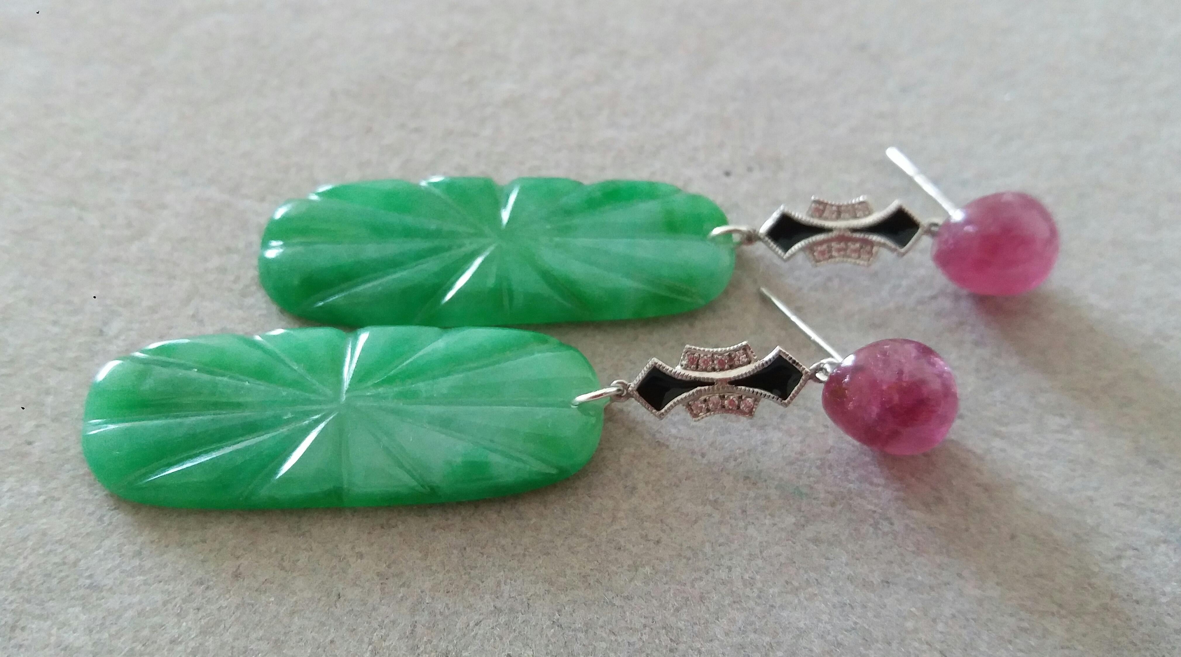 Mixed Cut Art Deco Style Pink Tourmaline Gold Diamonds Enamel Carved Jades Dangle Earrings For Sale
