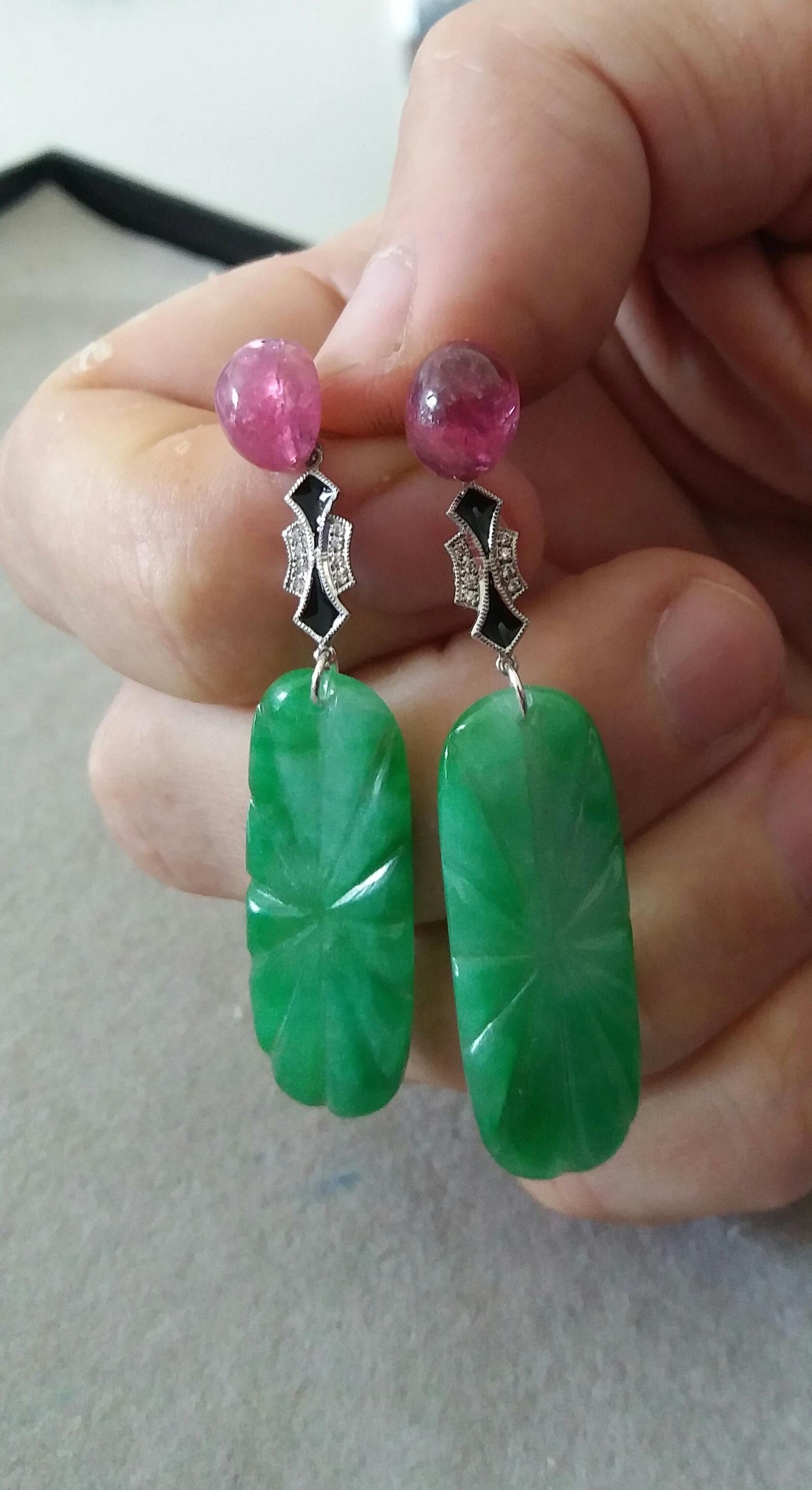 Art Deco Style Pink Tourmaline Gold Diamonds Enamel Carved Jades Dangle Earrings In Good Condition For Sale In Bangkok, TH