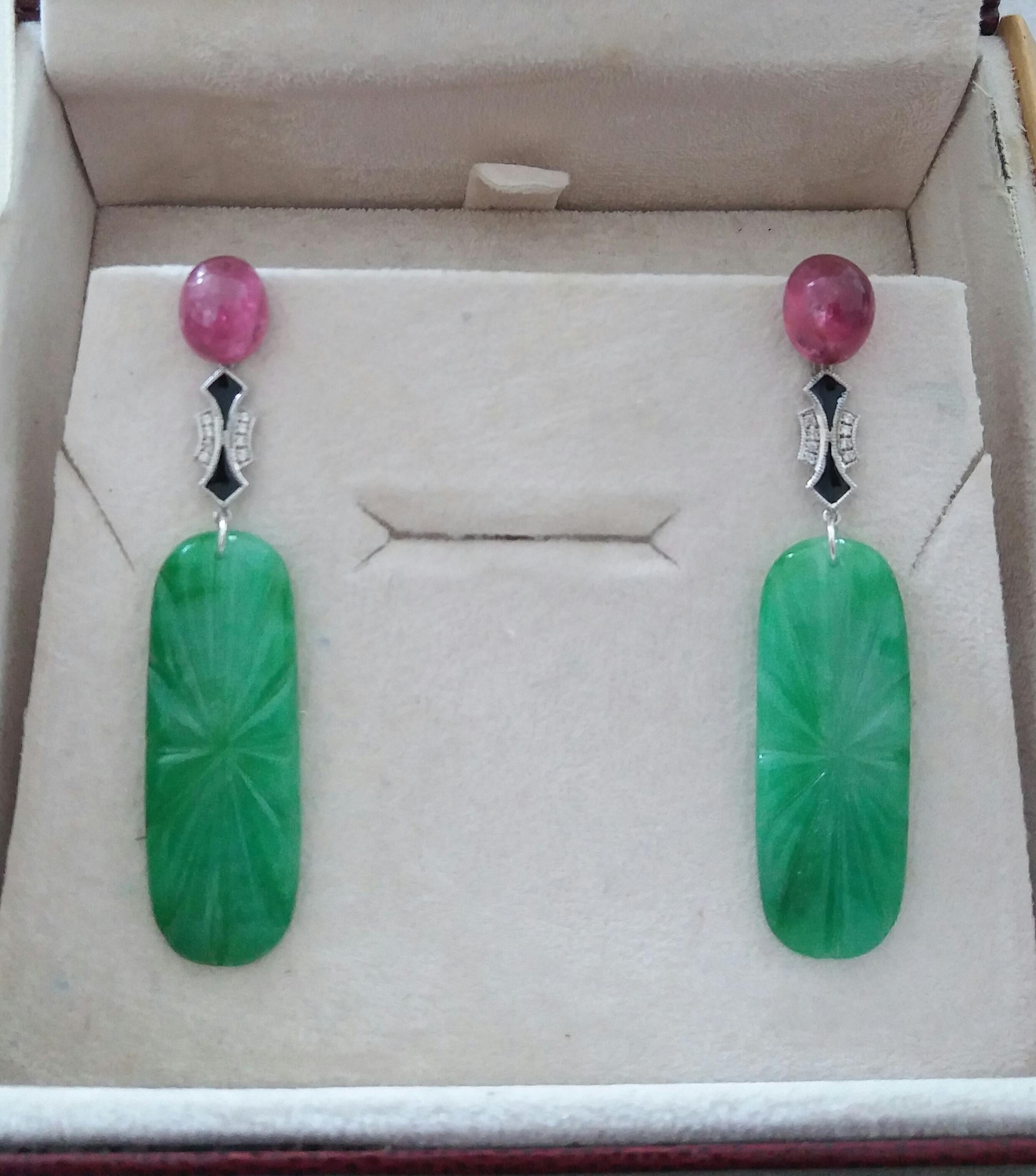 Women's Art Deco Style Pink Tourmaline Gold Diamonds Enamel Carved Jades Dangle Earrings For Sale