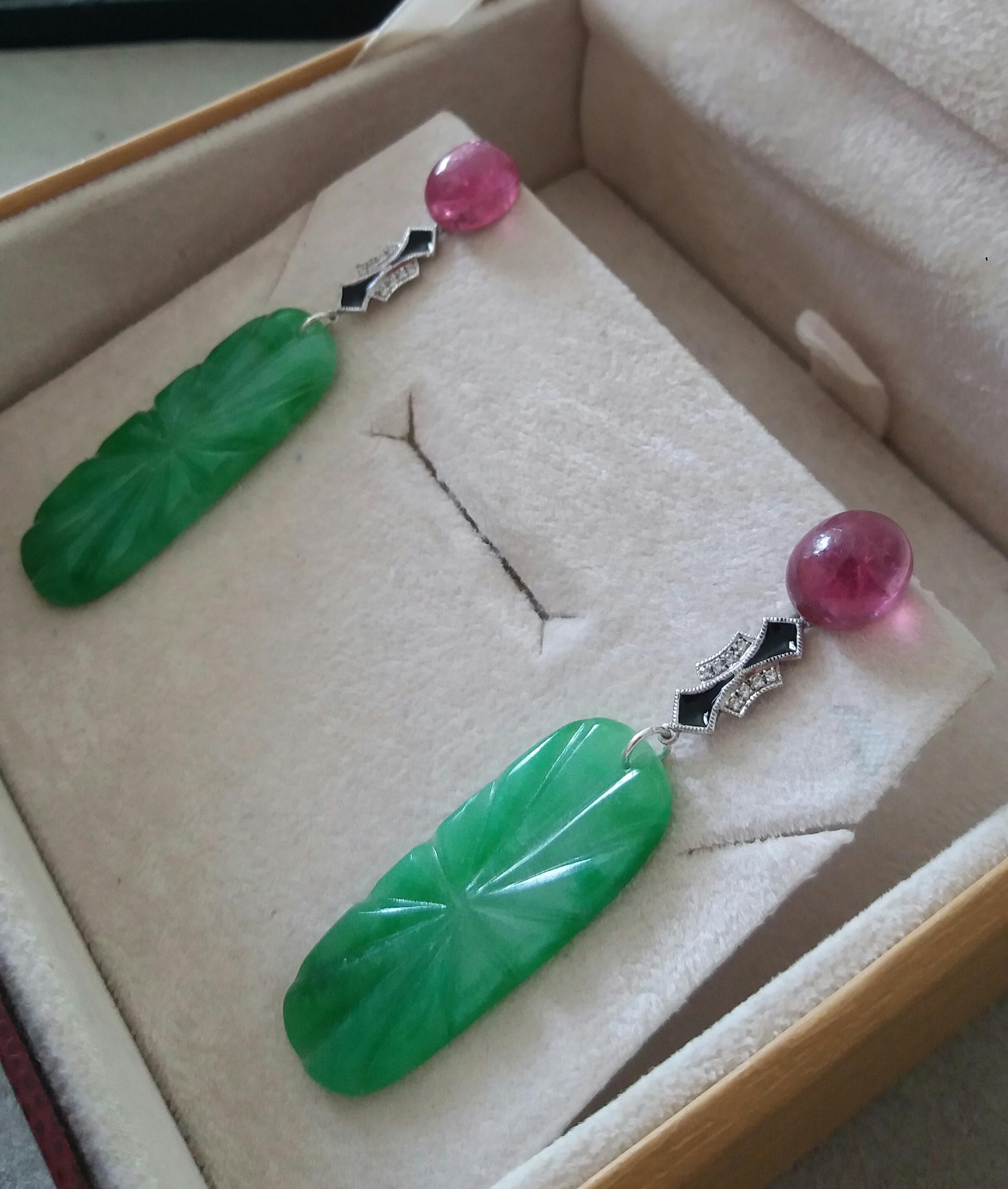 Art Deco Style Pink Tourmaline Gold Diamonds Enamel Carved Jades Dangle Earrings For Sale 1