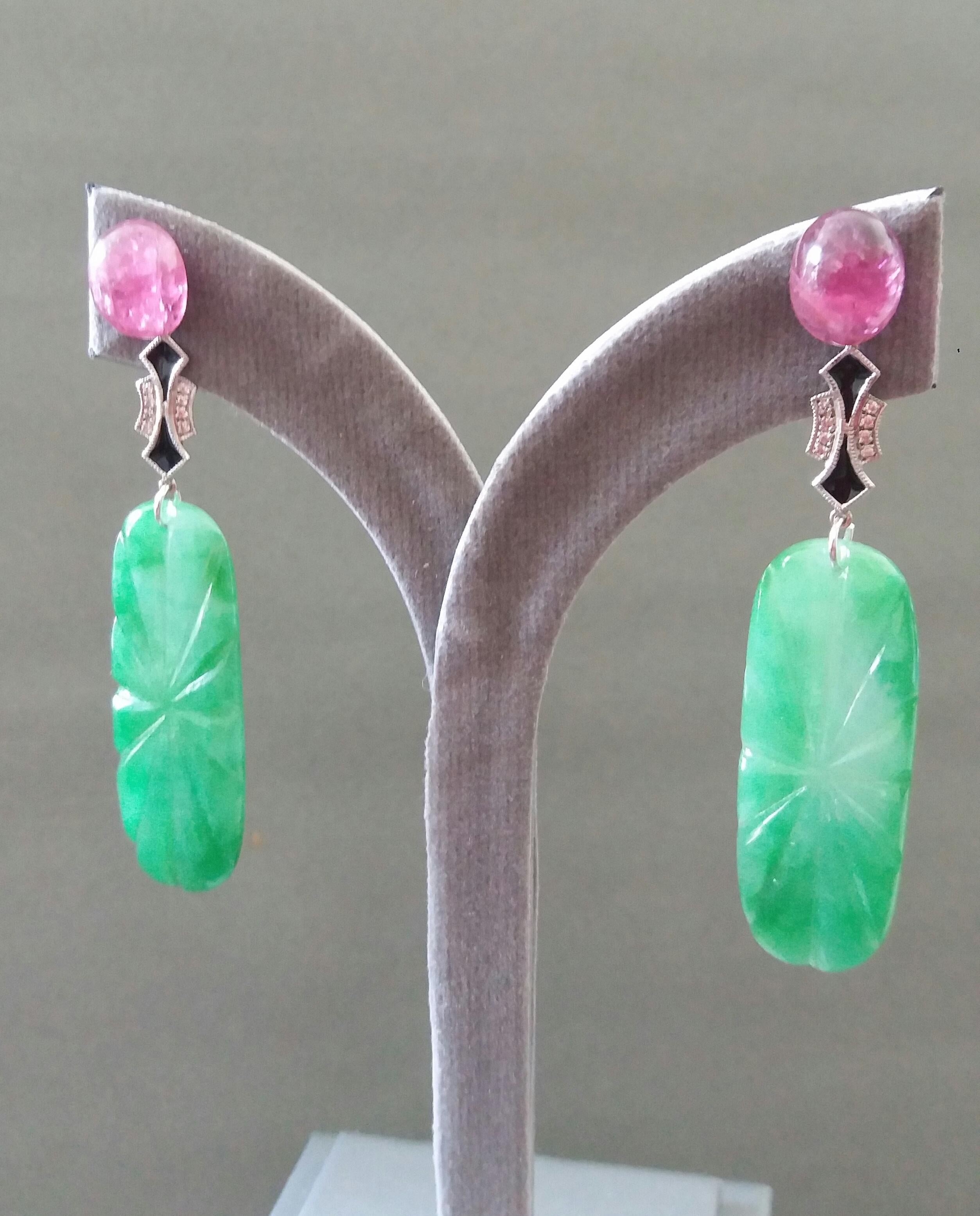 Art Deco Style Pink Tourmaline Gold Diamonds Enamel Carved Jades Dangle Earrings 2