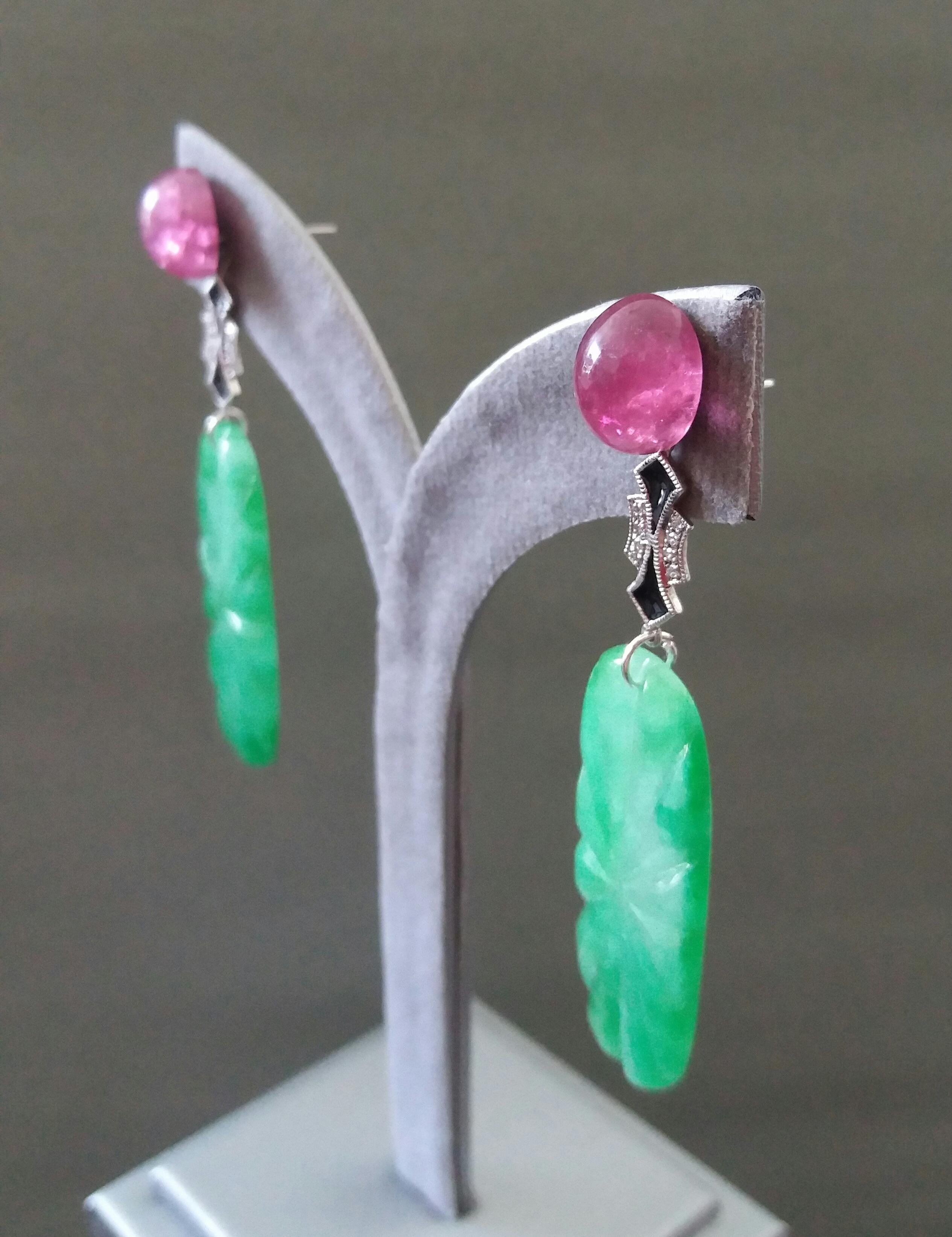 Art Deco Style Pink Tourmaline Gold Diamonds Enamel Carved Jades Dangle Earrings For Sale 3