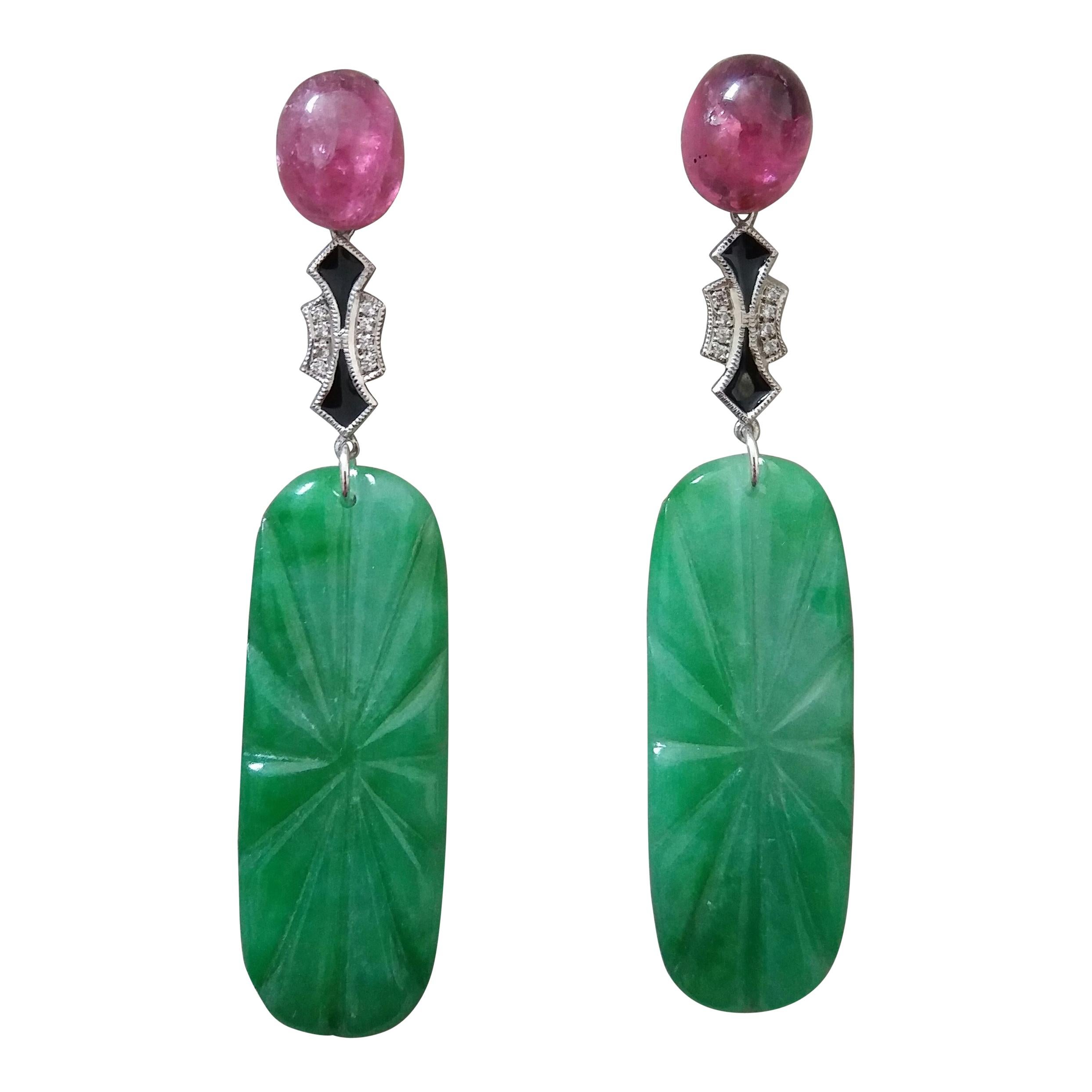 Art Deco Style Pink Tourmaline Gold Diamonds Enamel Carved Jades Dangle Earrings For Sale