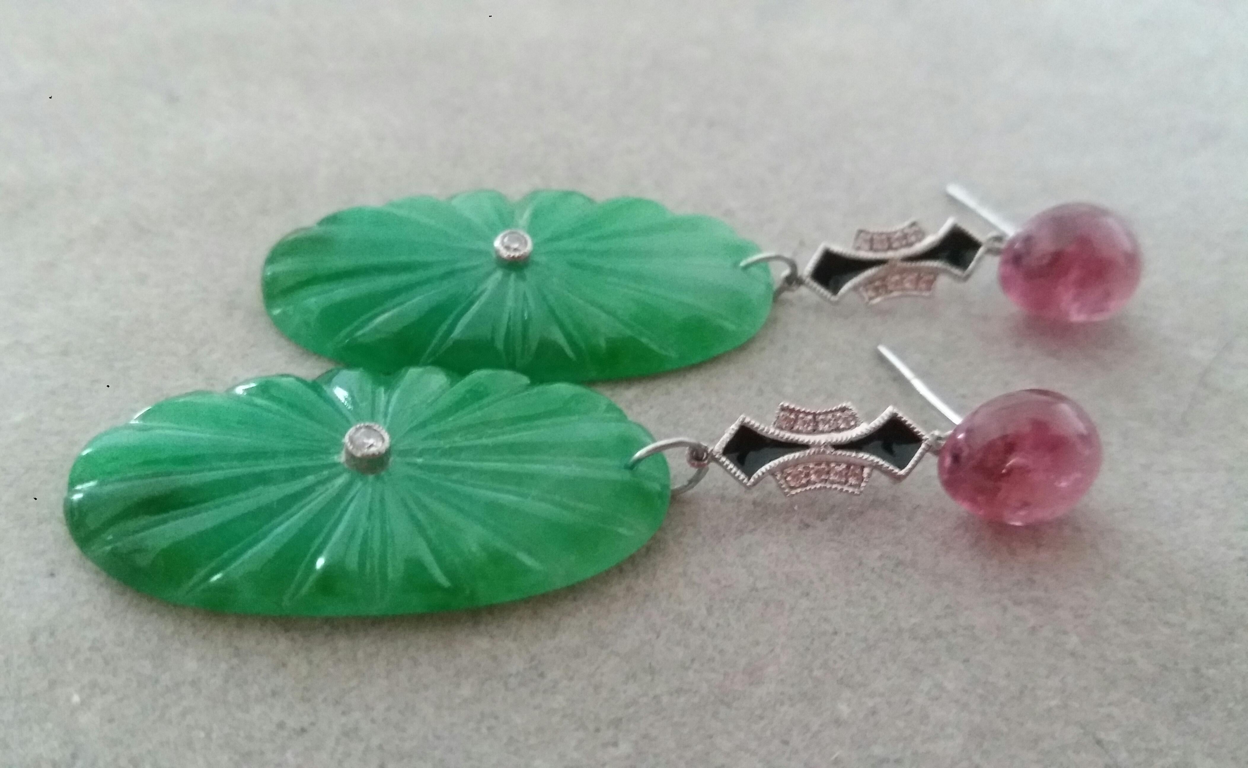 Art Deco Style Pink Tourmaline Gold Diamonds Enamel Engraved Jade Drop Earrings In Good Condition For Sale In Bangkok, TH