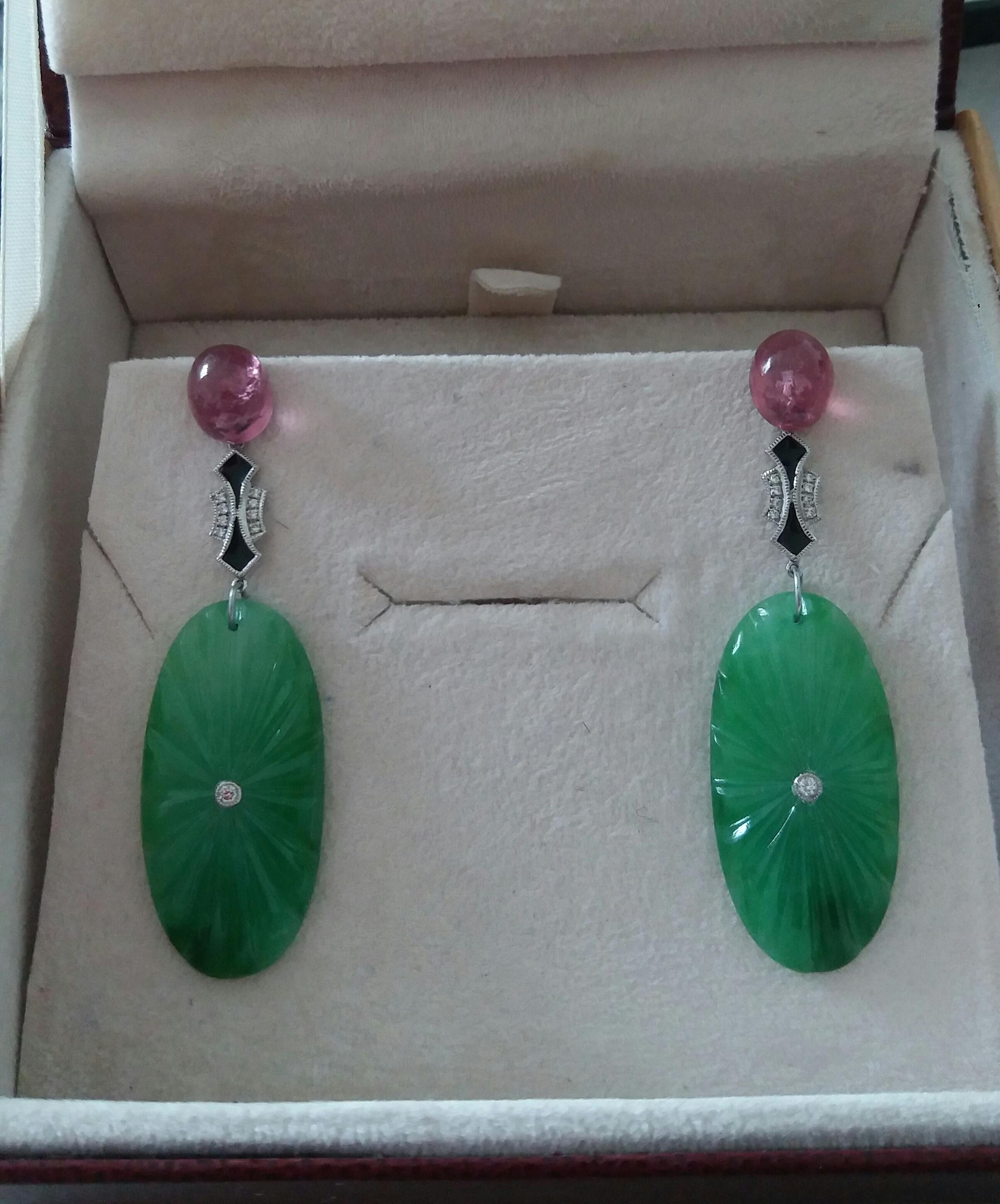 Art Deco Style Pink Tourmaline Gold Diamonds Enamel Engraved Jade Drop Earrings For Sale 1