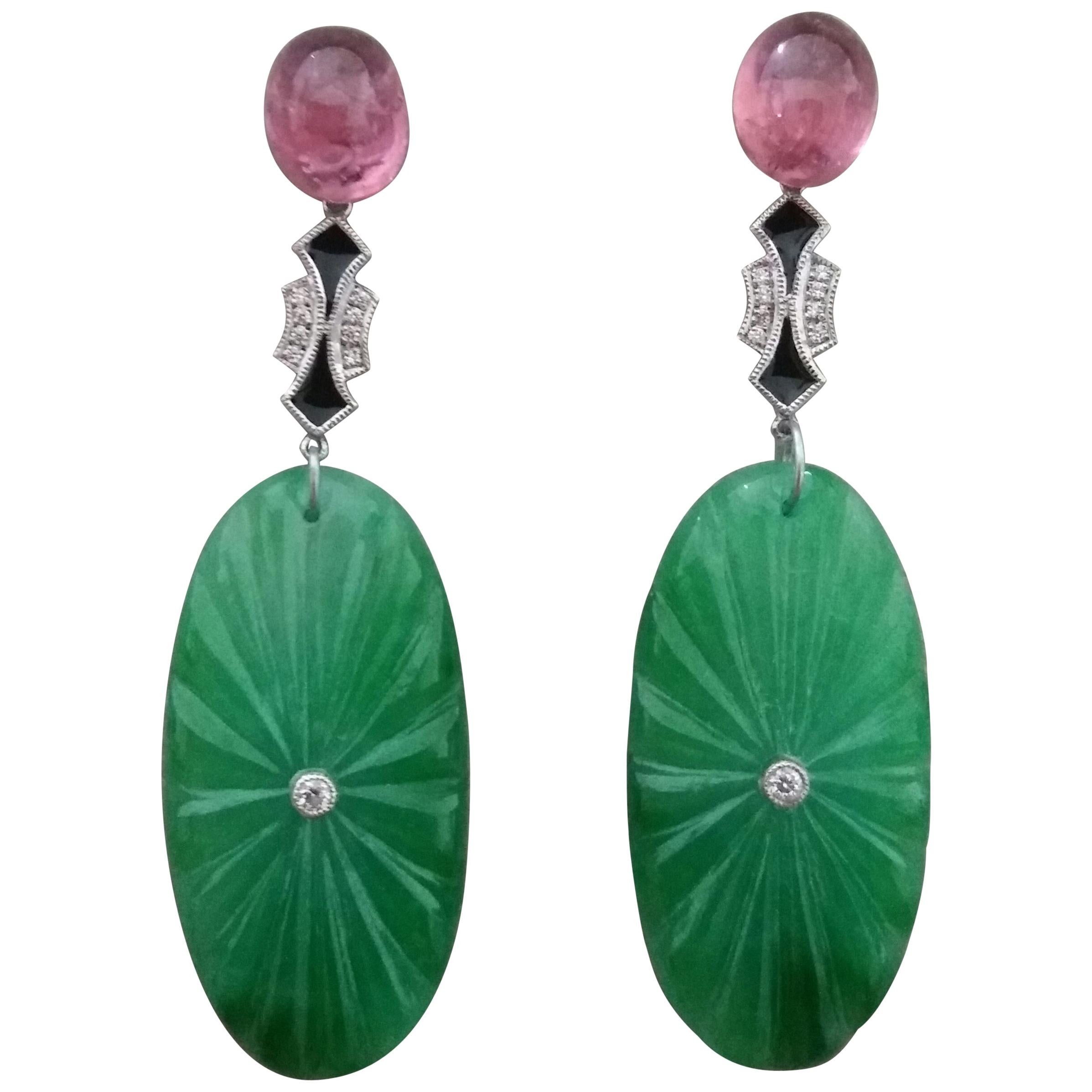 Art Deco Style Pink Tourmaline Gold Diamonds Enamel Engraved Jade Drop Earrings For Sale
